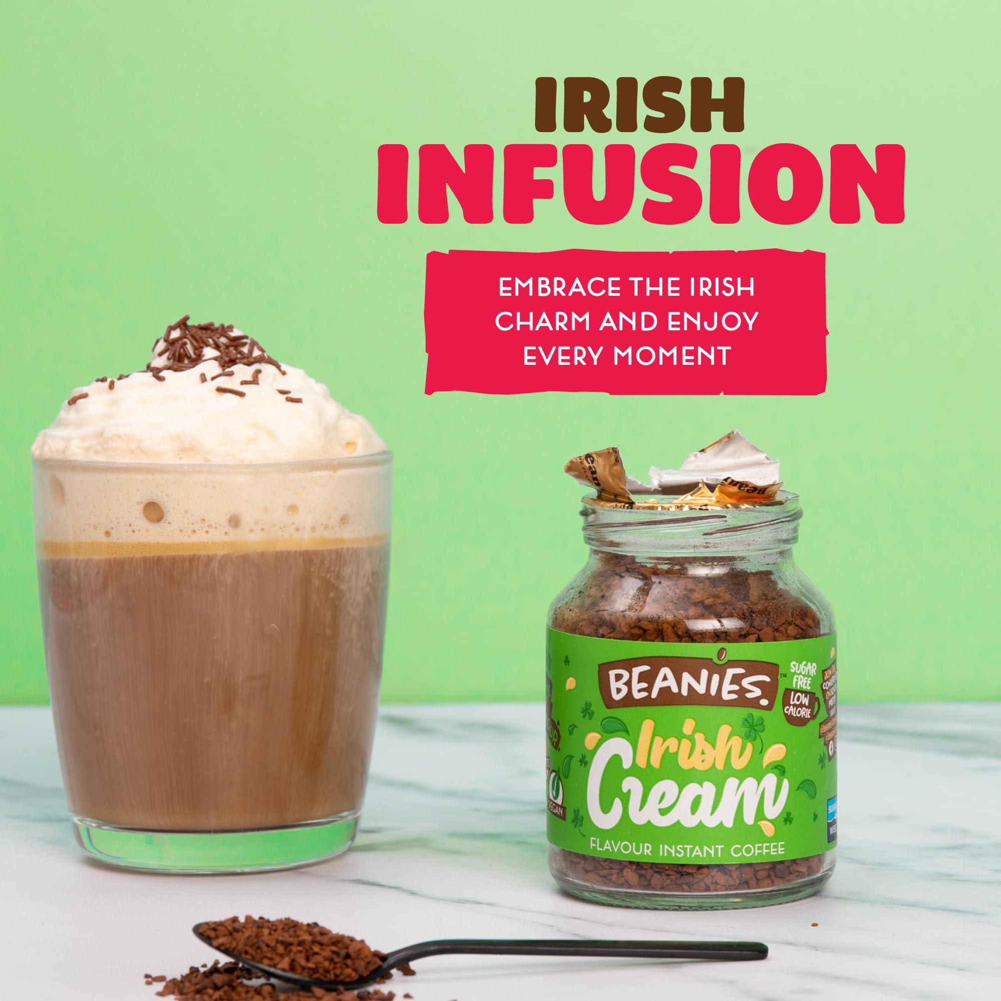Beanies The Flavour Co Beanies Flavour Instant Coffee - Irish Cream Instant Flavored Coffee - Bold & Adventurous Full-On Flavor - An Indulgent Sugar Free Taste Explosion - Low Calorie - Vegan & Gluten Free - Wheat & Dairy Free, 50g jar