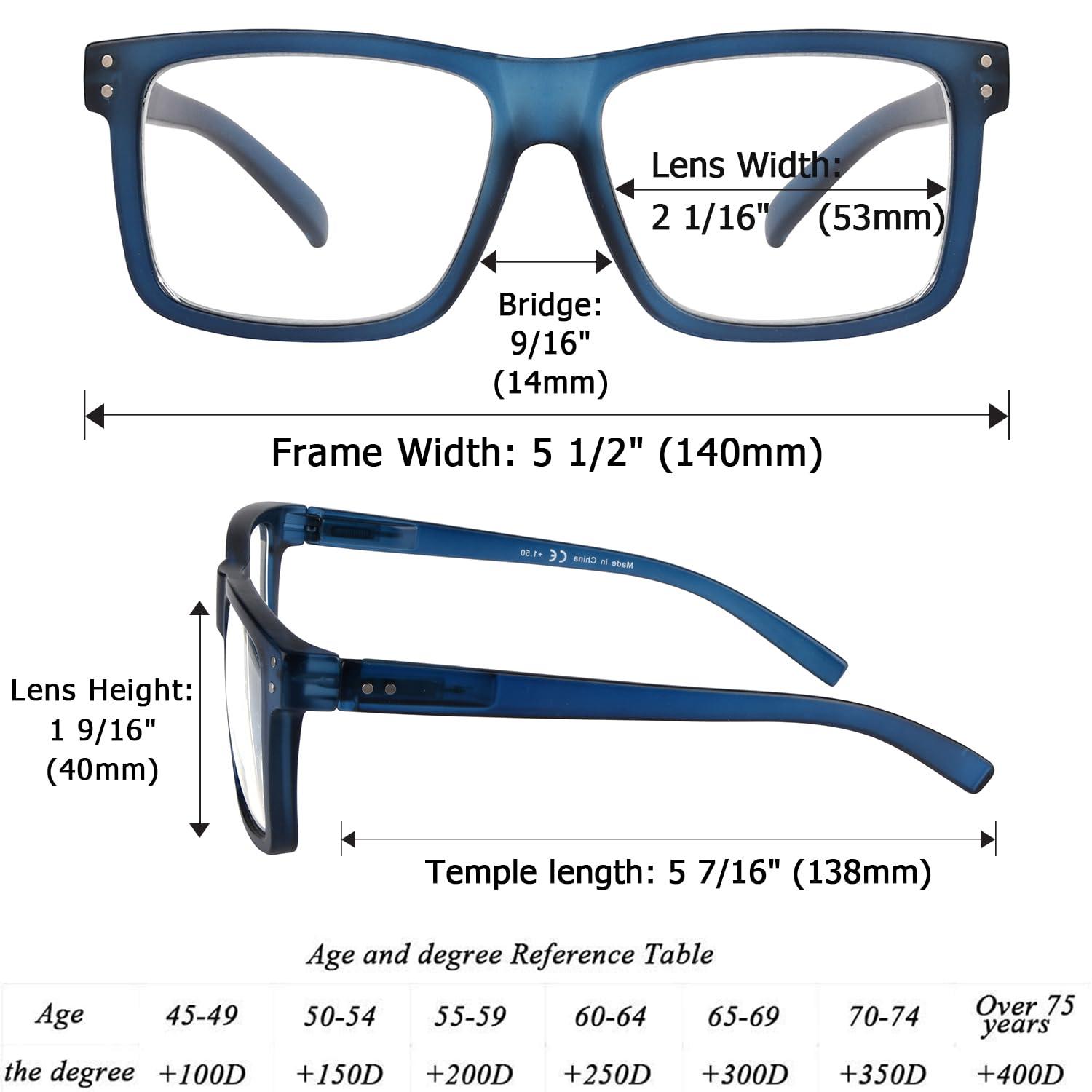 LUR Oversized Reading Glasses for Men 4.0 Large Square Readers Women 5 Pack Cheaters Glasses with Spring Hinges