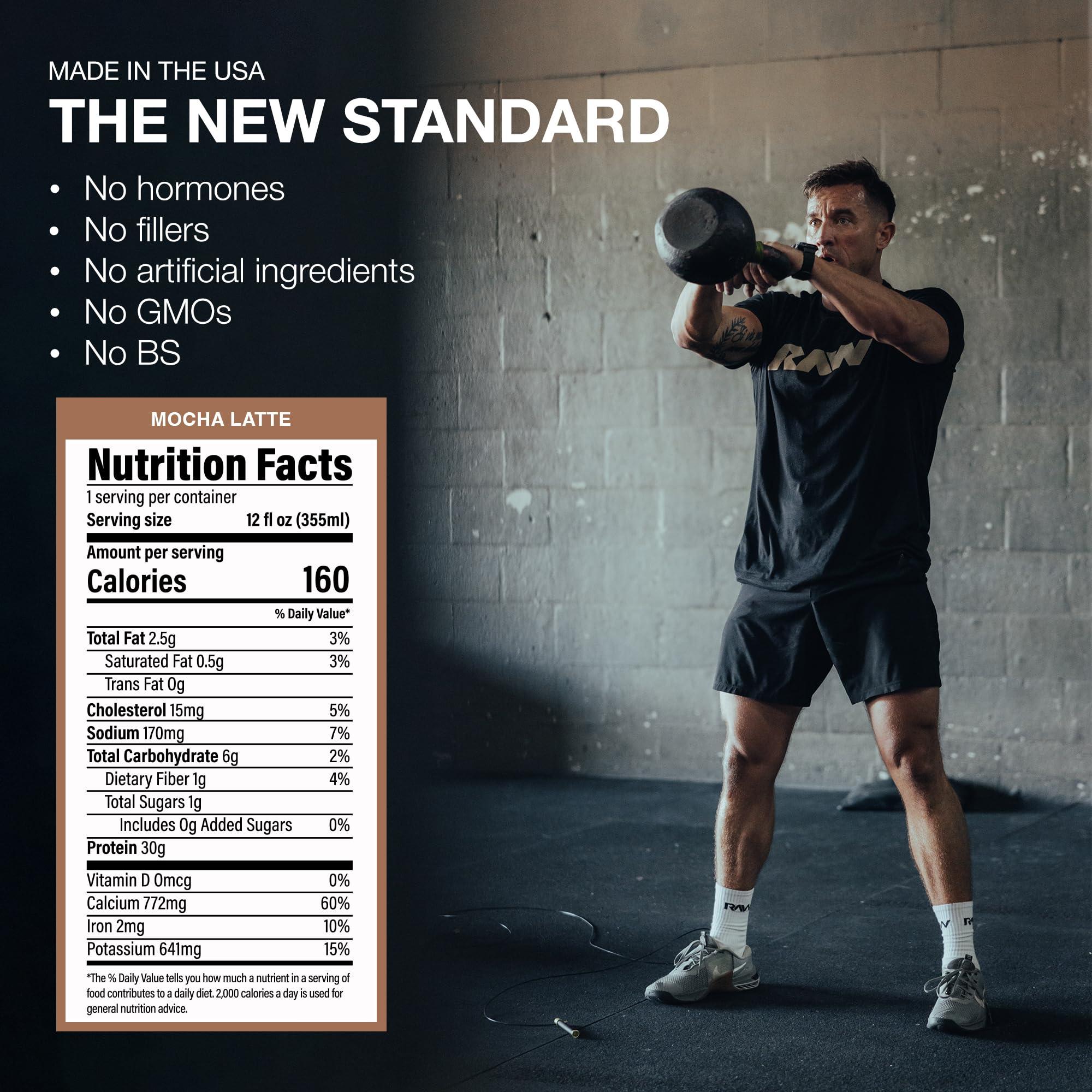 RAW RAW Ready-to-Drink Protein Shake, Mocha Latte - RTD Protein Drinks with Grass-Fed Whey Protein Isolate for Post-Workout - Zero-Sugar & Gluten-Free Meal Replacement Drink & Breakfast Shake, 12 Fl Oz