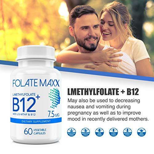 FOLATE MAXX FOLATE MAXX FolateMaxx L-Methylfolate + B12 Methylcobalamin Blend 7.5mg - 60 Capsules - Active Folic Acid & Methylated B12-5-MTHF & B12 Supplement for Men & Women - Non GMO, Gluten Free, No Fillers