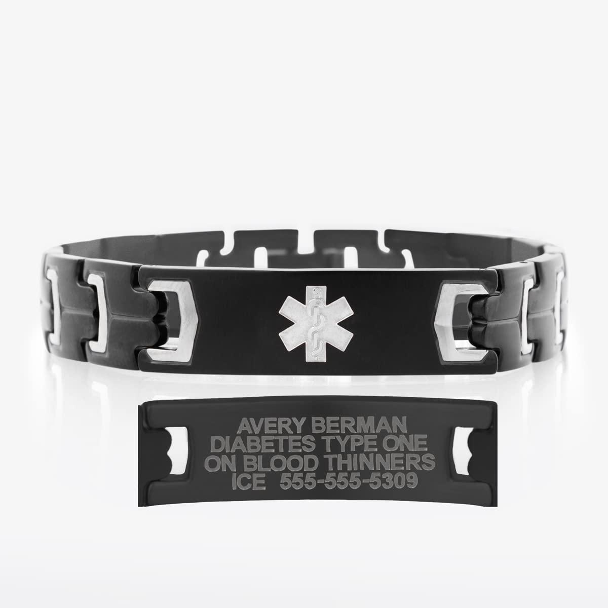 Lauren\'s Hope Lauren\'s Hope Durable Steel Medical Alert ID Bracelet for Men and Women, Custom Engraved, Diabetes, Pacemaker, Heart Disease, Medical ID (7 inches, Black and Silver)