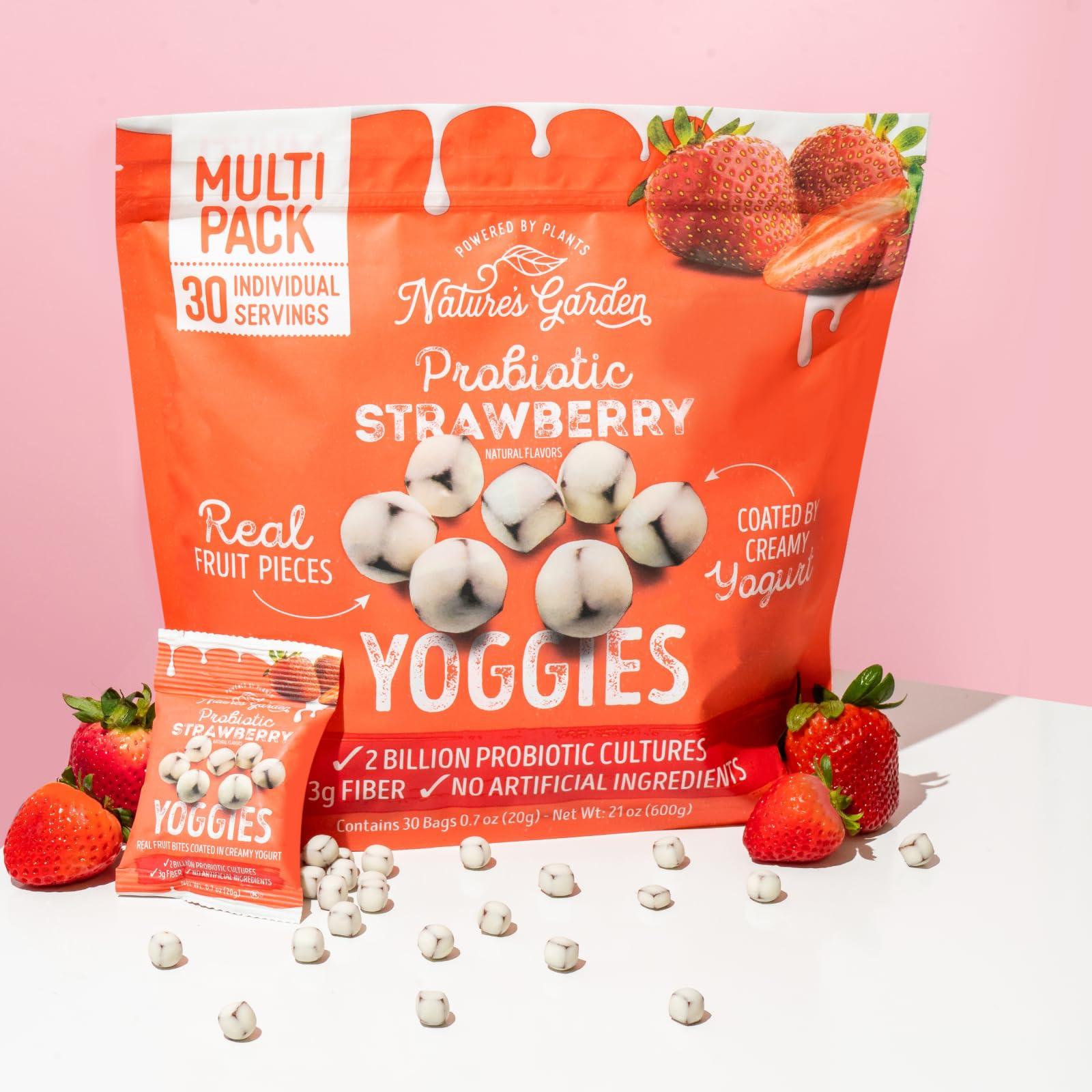 Nature's Garden Nature\'s Garden Probiotic Strawberry Yoggies, 21oz (30 x 0.7oz), Yoggie Bites Strawberry Strawberry Yogurt Covered Snack Pack, High Fiber, Delicious Real Fruit Pieces, No Artificial Ingredients, Healthy Snack for Adults
