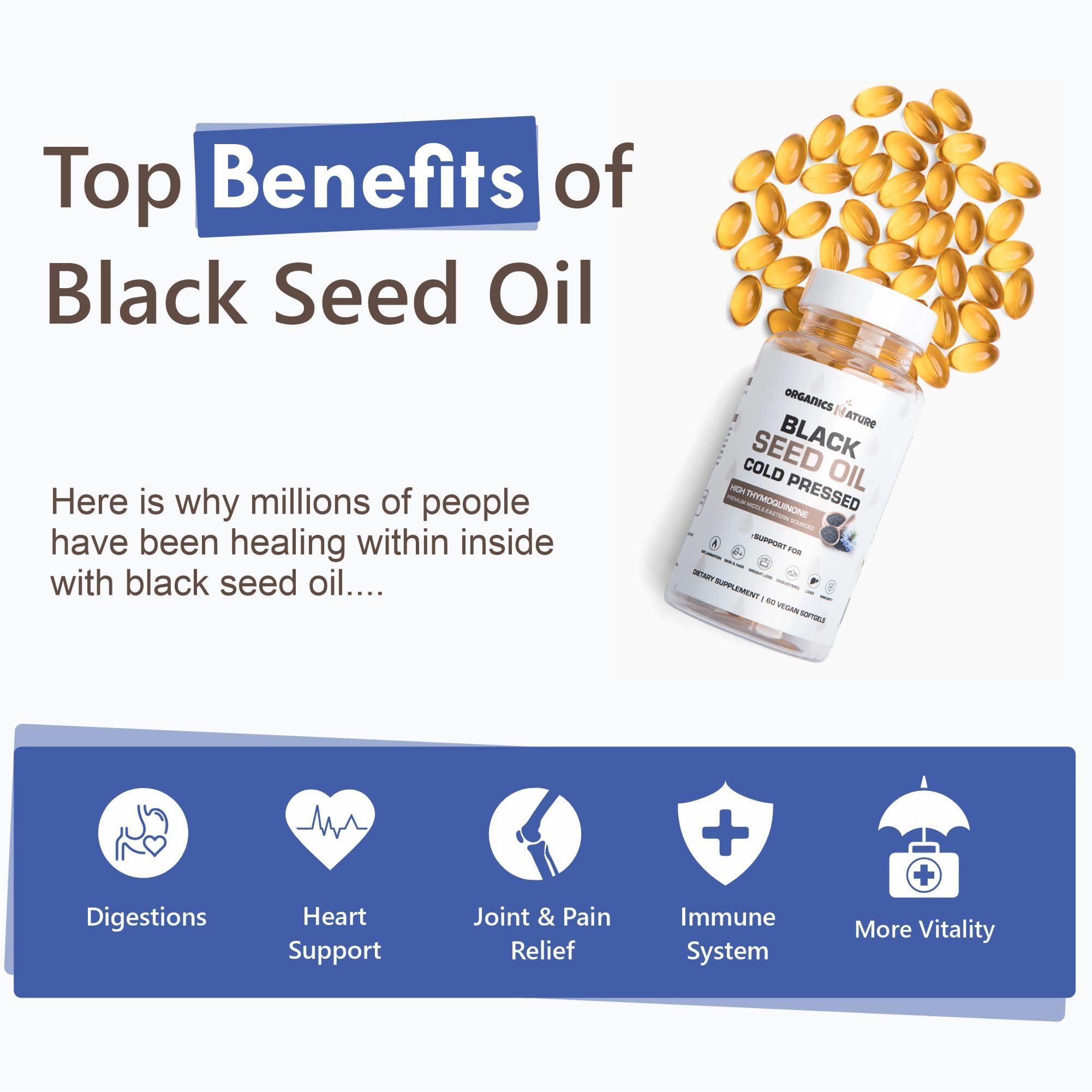 ORGANICS NATURE ORGANICS NATURE Black Seed Oil Capsules 1000MG Vegan Softgels, for Hair & Skin, Heart Support, Nigella Sativa - 100% Cold Pressed Cumin Seed Oil Capsules High Thymoquinone, Omega 3s