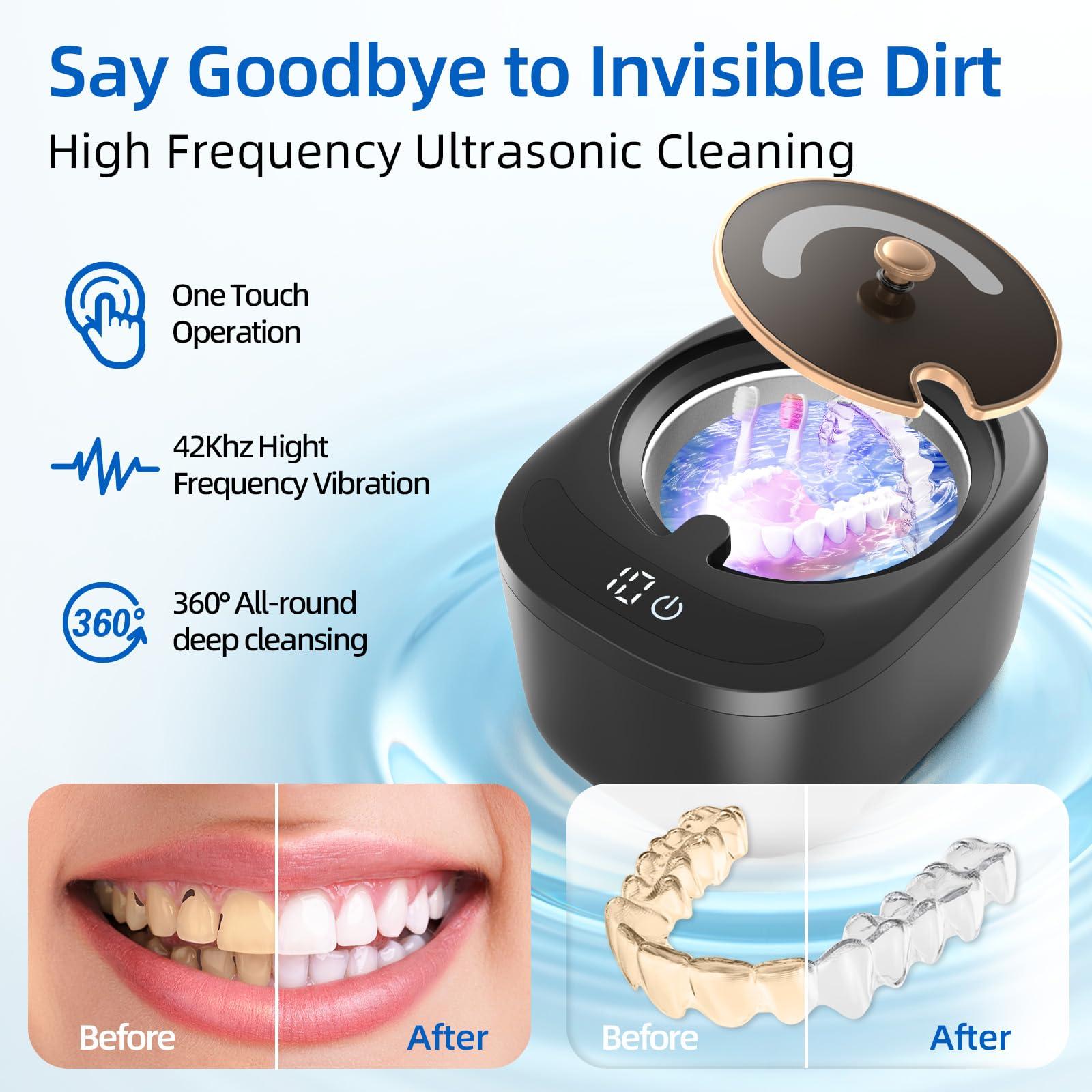Raccomb Ultrasonic Cleaner for Retainer, Dentures, Mouth Guard, Aligner, Whitening Trays, 255ML 43kHz Jewelry Cleaner Ultrasonic Machine, Portable Ultrasonic Retainer Cleaner for Home Travel, Ideal Gift
