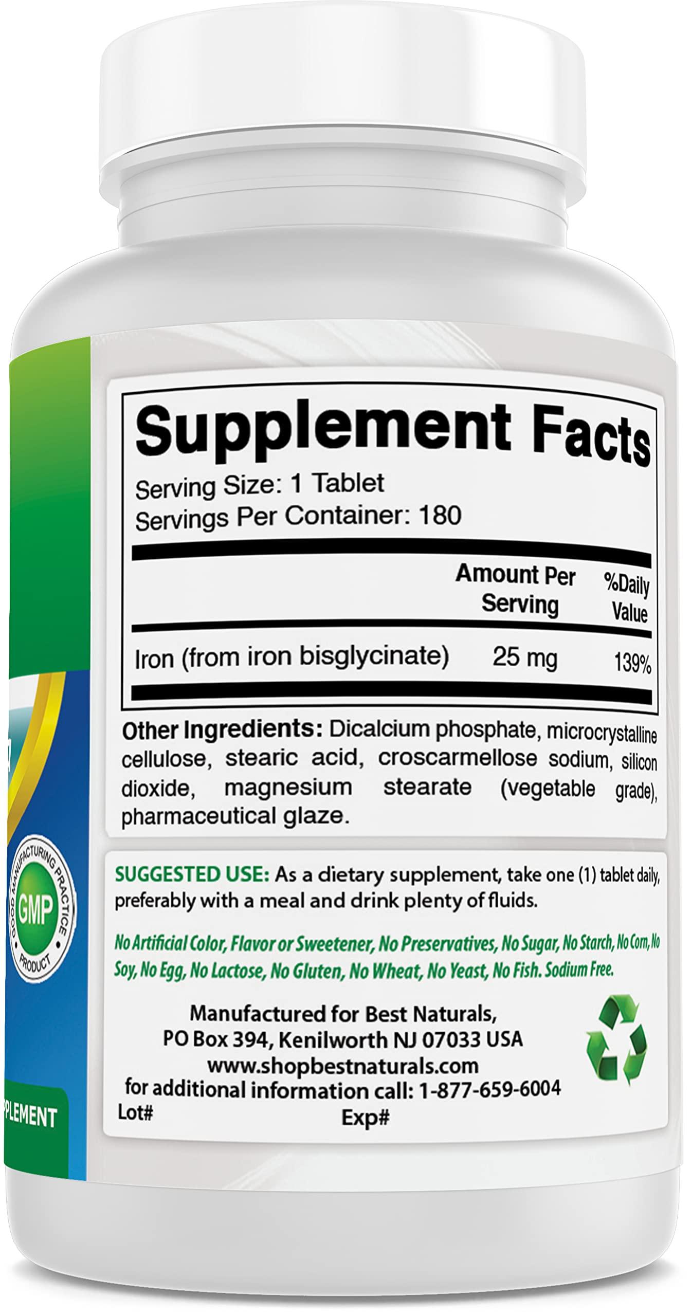 Best Naturals Best Naturals Iron Supplement (Iron Bisglycinate) - 25mg - 180 Tablets - Gentle of Stomach - Non-Constipating