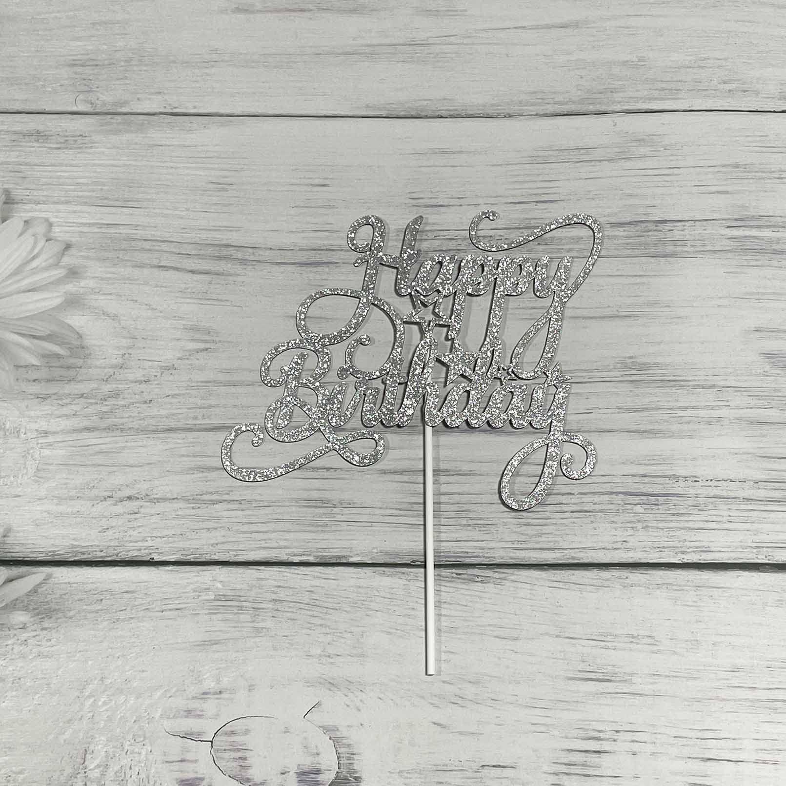 JIEEIN Happy Birthday Cake Topper for Birthday Party Decorations,(Double Sided Silver Glitter)