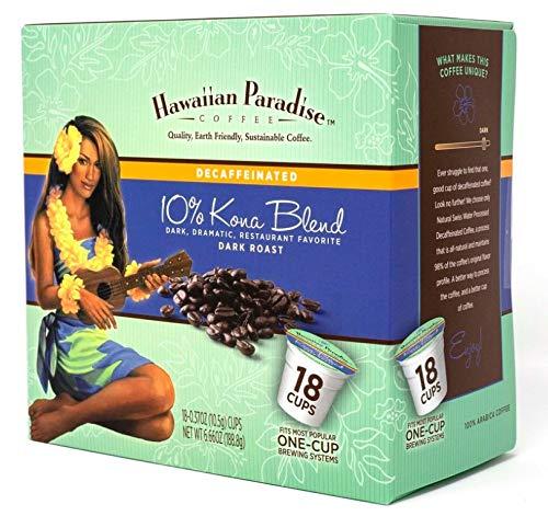 Hawaiian Paradise Coffee Hawaiian Paradise Coffee 10% Kona Dark Roast Decaffeinated -18 Count Single Serve Cups - Dark & Bold Flavor - Decaf - Compatible with Keurig K-Cup Brewers