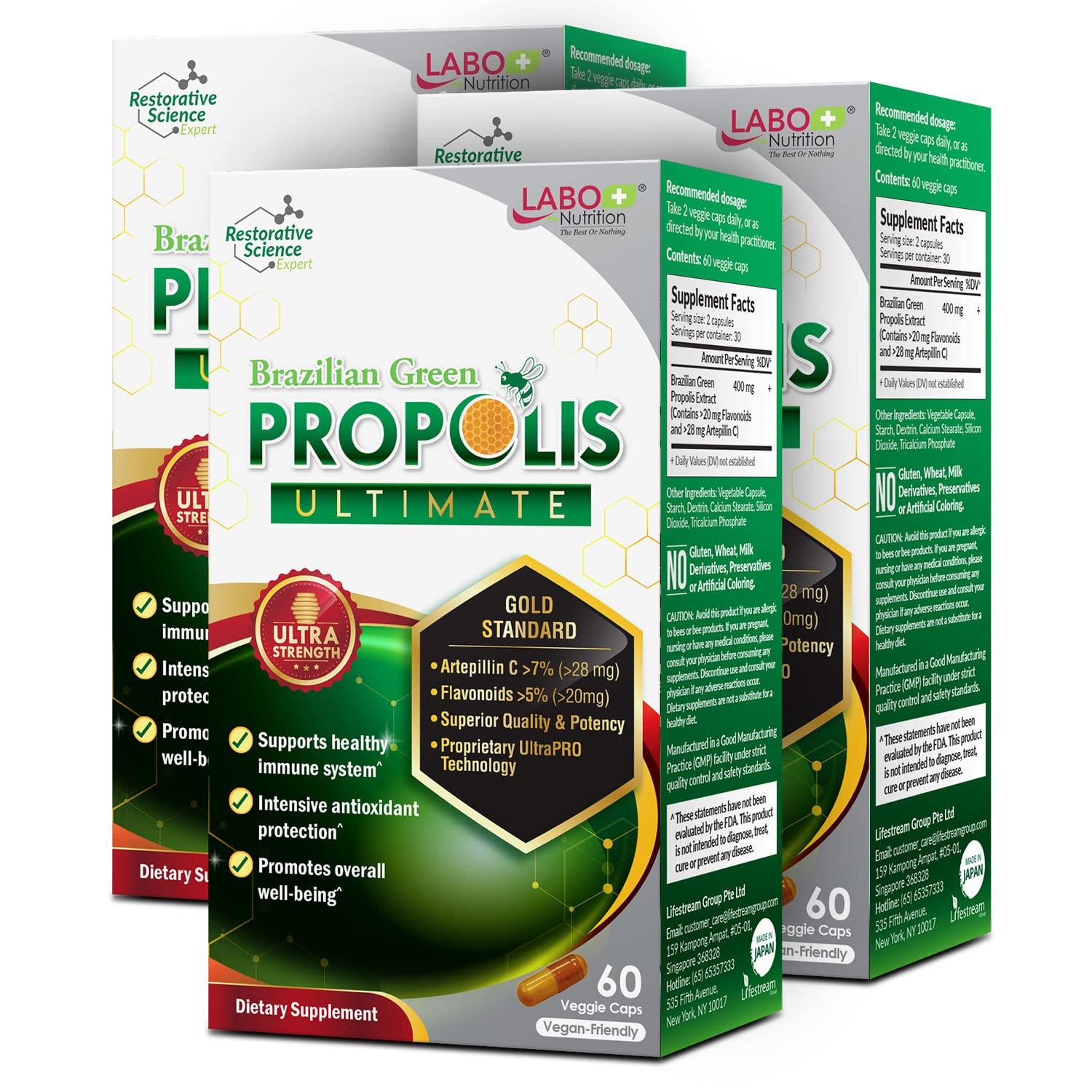 LABO Nutrition LABO Nutrition Brazilian Green Propolis Ultimate - Contains >7% or 28mg/Serving Artepillin C & >5% Flavonoids, for Immune & Brain Support, Natural, High Concentrate & Premium, 60 Veg Capsulesx3