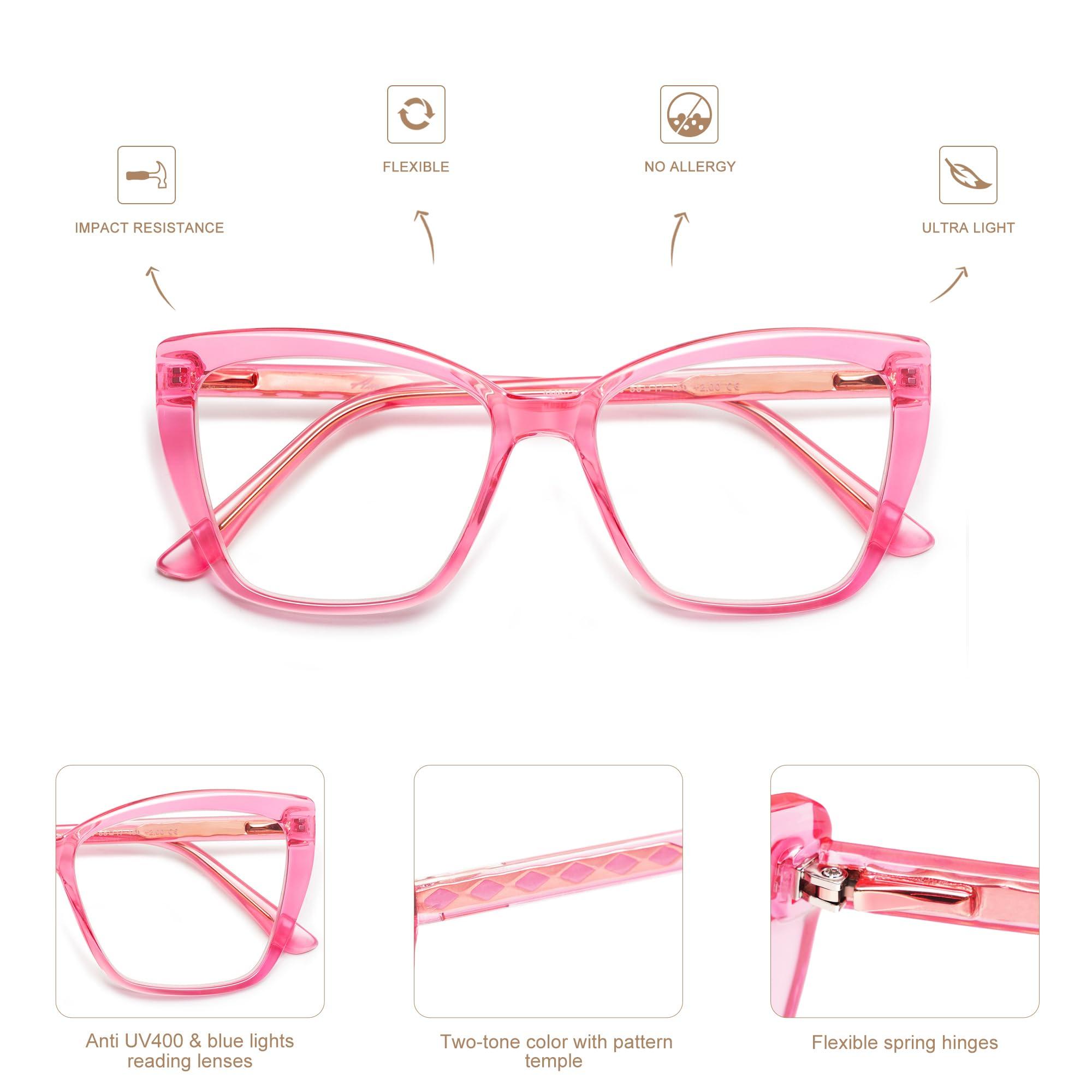 AMOMOMA AMOMOMA Trendy TR90 Oversized Blue Light Reading Glasses Women,Stylish Square Cat Eye Glasses AM6031 Crystal Pink 2.0 x