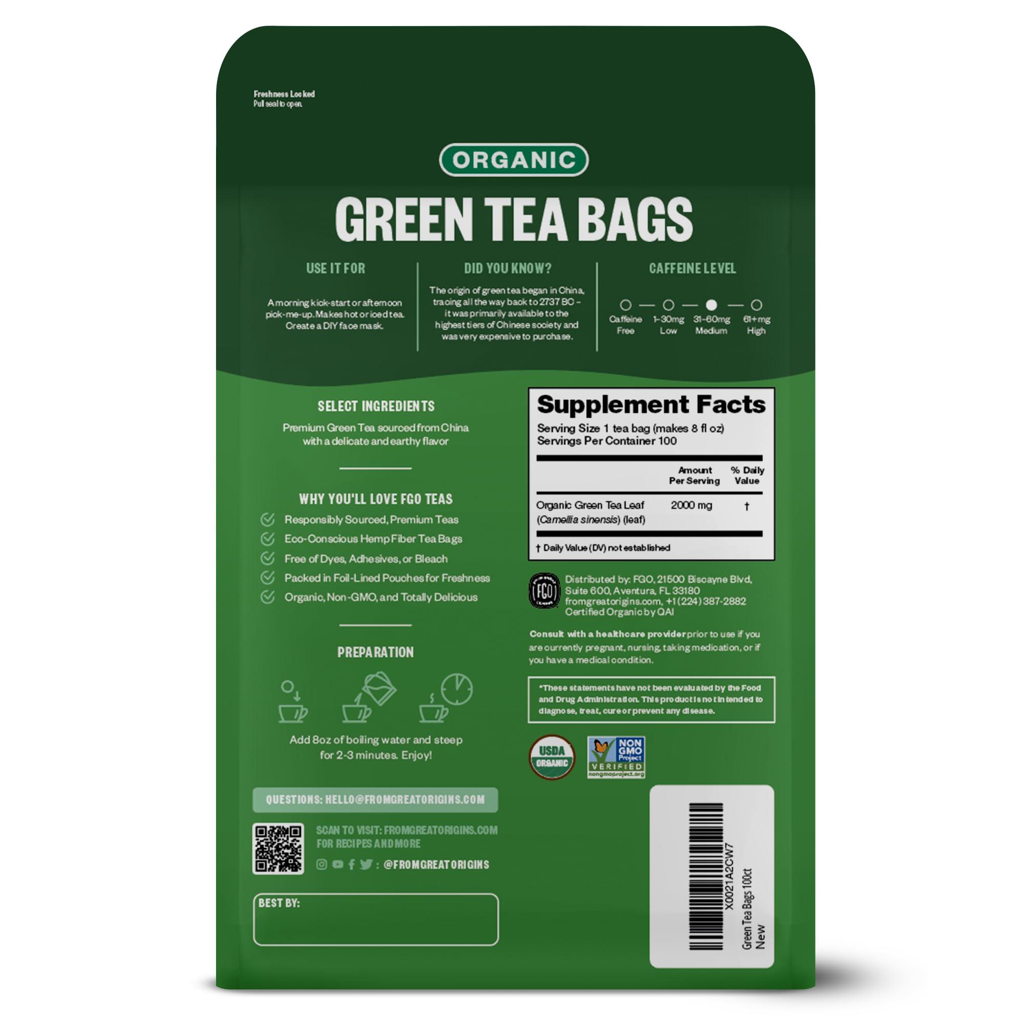 FGO FGO Organic Green Tea, 100 Count Eco-Conscious Tea Bags, Caffeinated, Resealable Pouch, Packaging May Vary (Pack of 1)