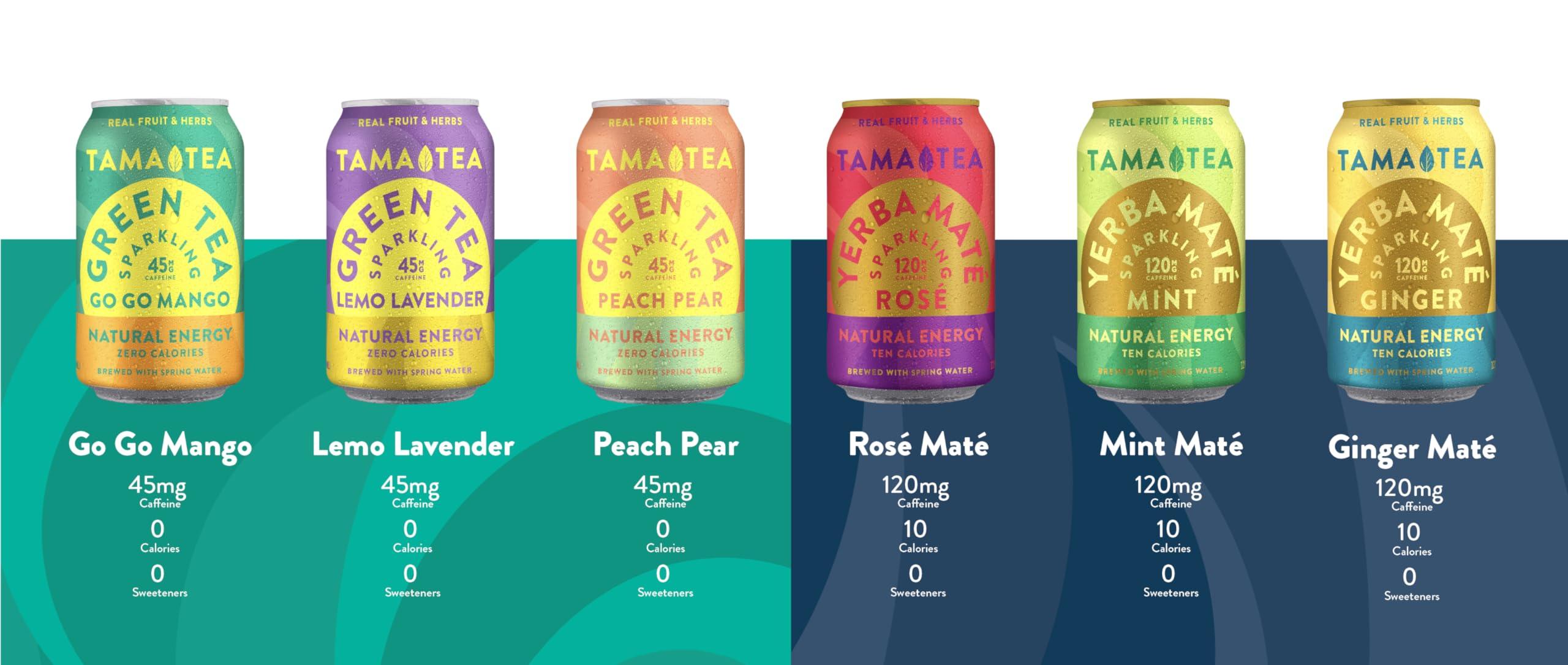 Tama Tea Sparkling Mint Yerba Mate by Tama Tea - Unsweetened Natural Energy Drink with Real Fruit & Herbs - Healthy Caffeine Drink Alternative - 120mg of Brain-Boosting Caffeine, 10 Calories - 12oz Pack of 12