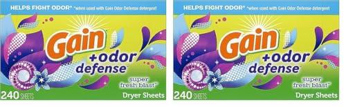 Gain Gain + Odor Defense Dryer Sheets, Super Fresh Blast Scent Fabric Softener Sheets, 240 ct (Pack of 2)