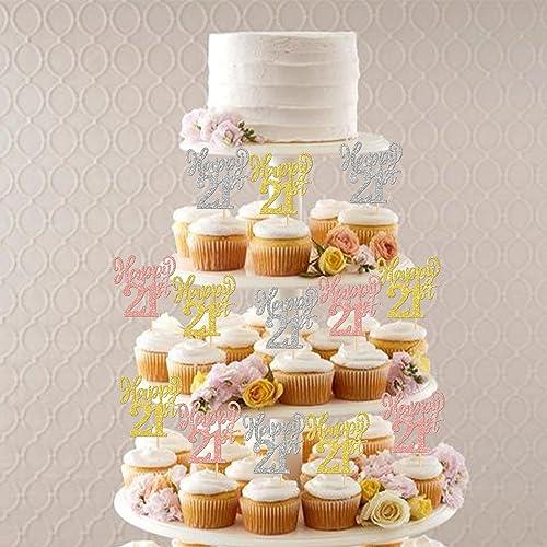 ZHUOWEISM 24PCS Happy 21st Cupcake Toppers Gold Rose Gold Silver Glitter Twenty One Cheers to 21 Years Number 21 Birthday Cupcake Picks for Happy 21st Birthday Wedding Anniversary Party Cake Decorations