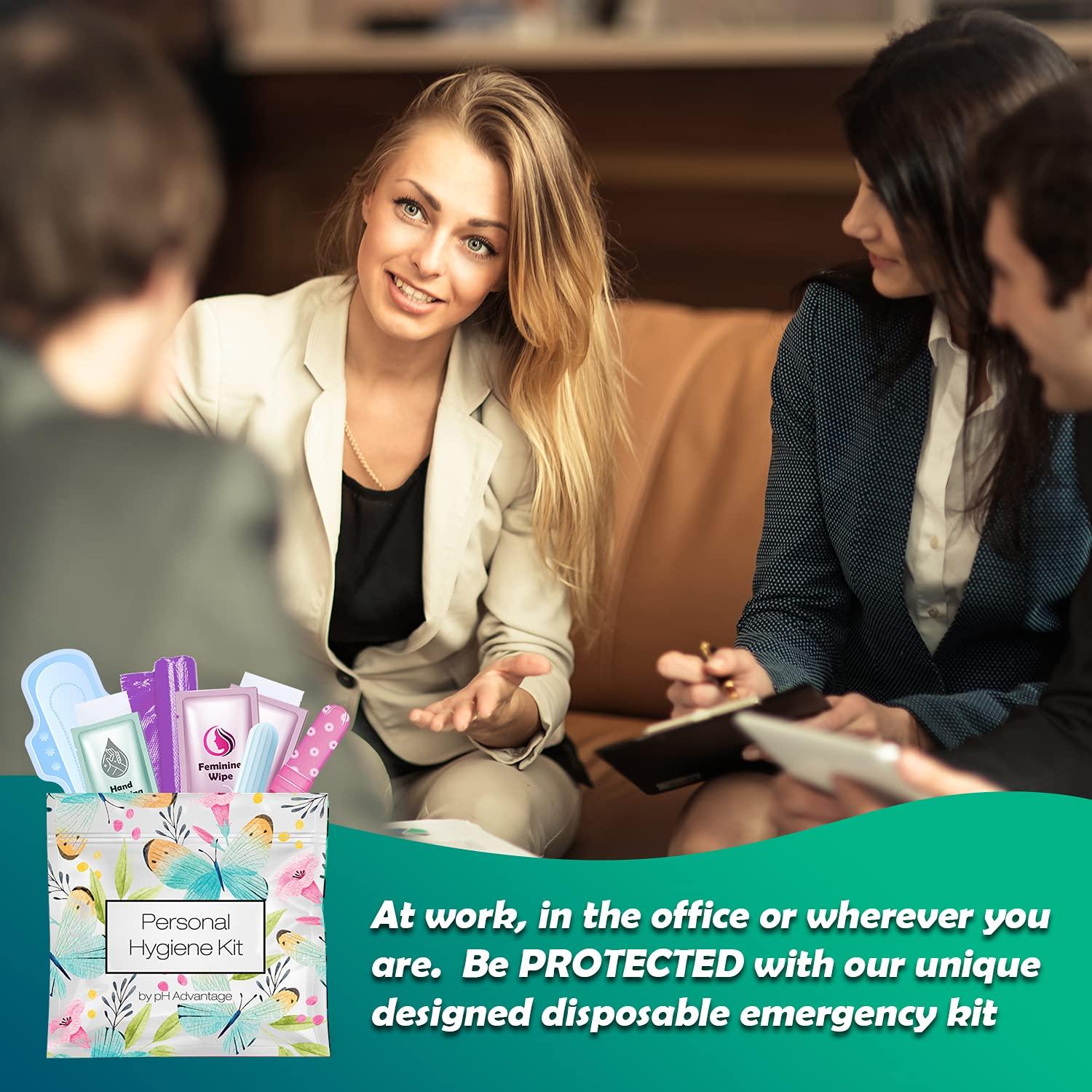pH Advantage Menstrual Kit All-in-One | Convenience on The Go | Single Period Kit Pack for Travelling, Tweens & Teenagers | Individually Wrapped Feminine Hygiene Products (Butterflies) (100 Pack)