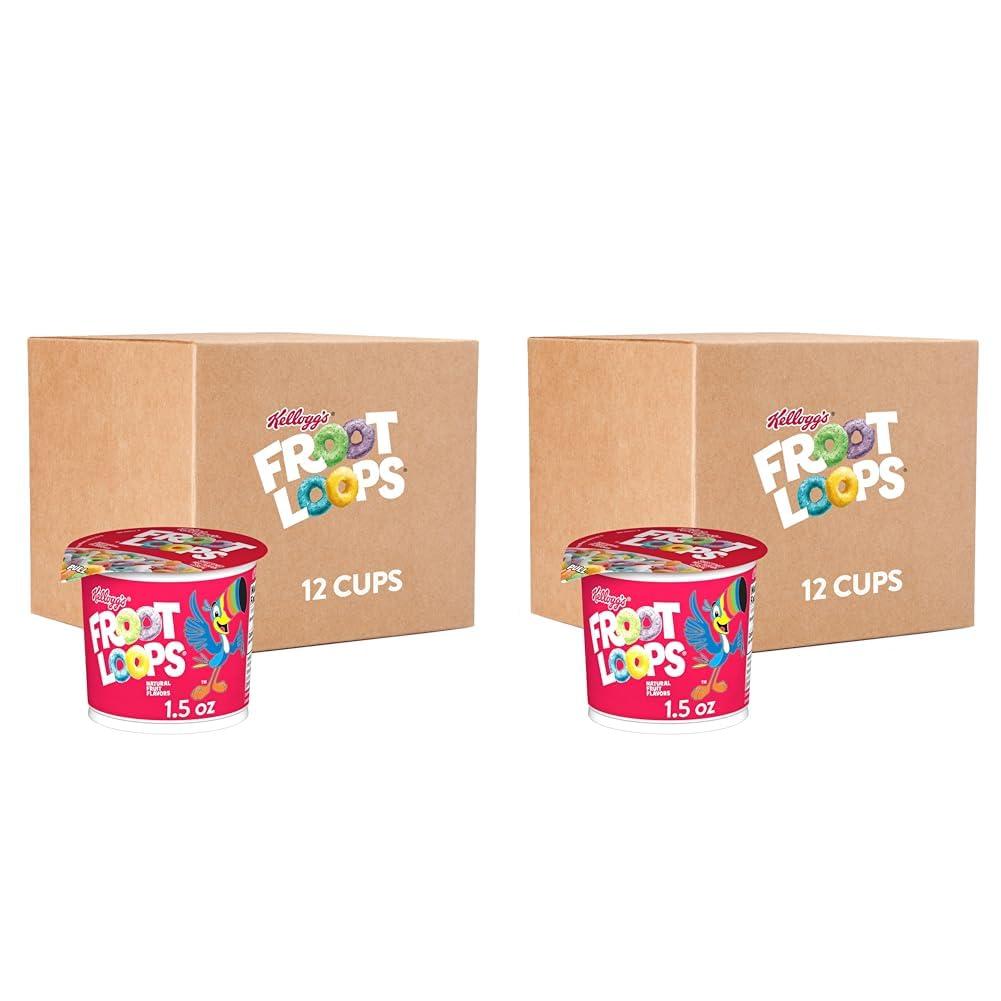 Froot Loops Kellogg\'s Froot Loops Breakfast Cereal Cups, Fruit Flavored, Breakfast Snacks with Vitamin C, Original, 18oz Case (12 Cups) (Pack of 2)