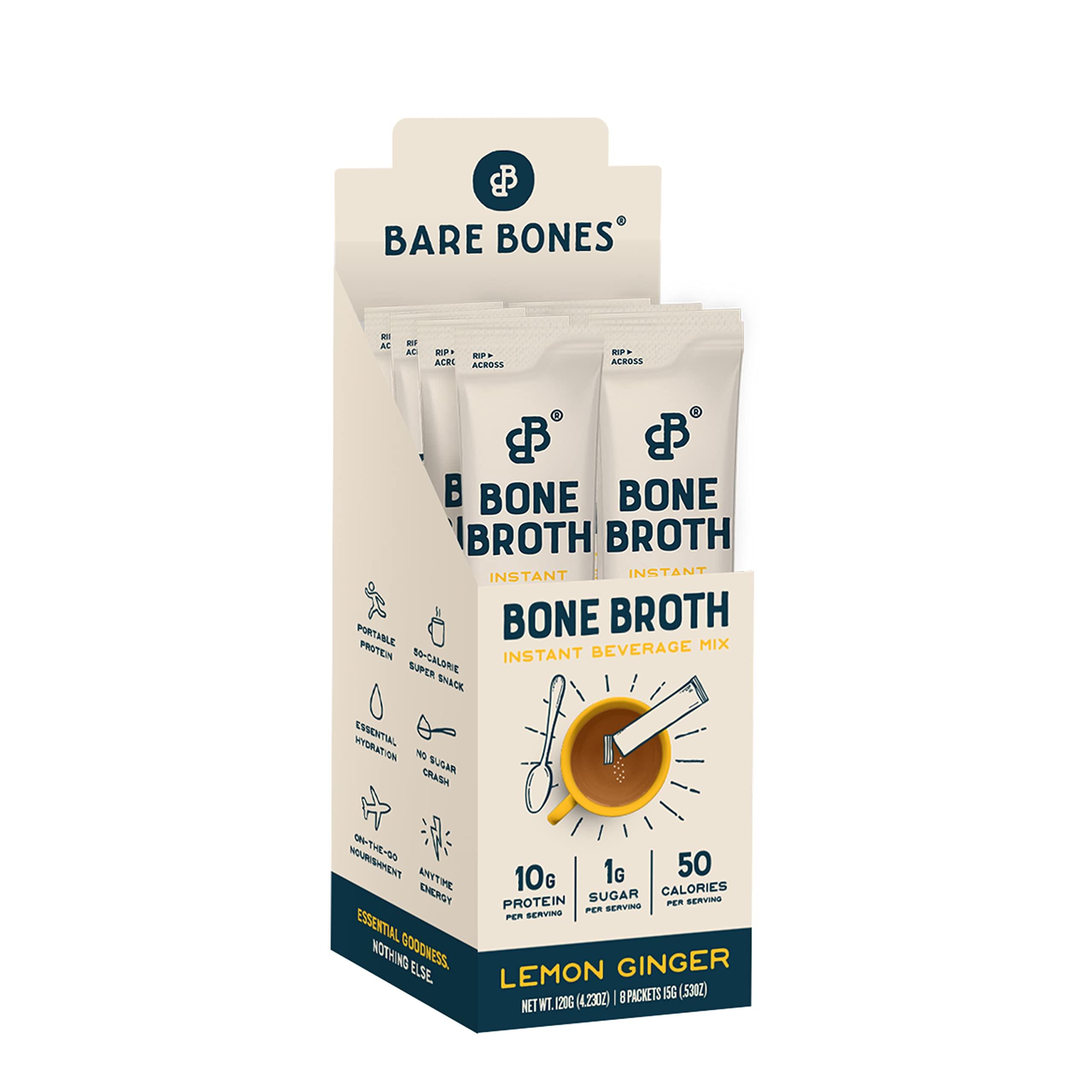 Bare Bones Bare Bones Bone Broth Instant Powdered Mix, Lemon Ginger, Pack of 8, 15g Sticks, 10g Protein, Keto & Paleo Friendly Bone Broth Packets