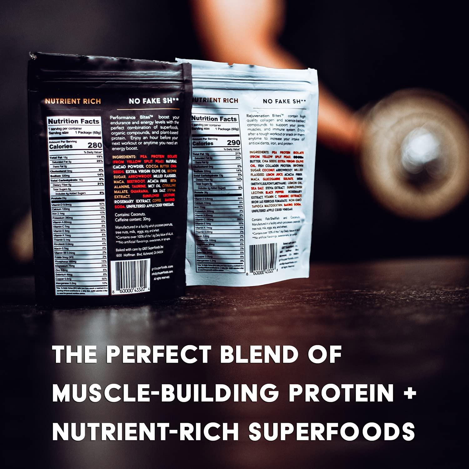 GRIT Superfoods Nutrition Bites Sampler Pack | 23-26g Protein | High Energy Pre-Workout and Joint Support Supplements | Muscle-Building and Endurance | Gluten Free, Keto, No Soy | GRIT Superfoods (60g, 4 pack)