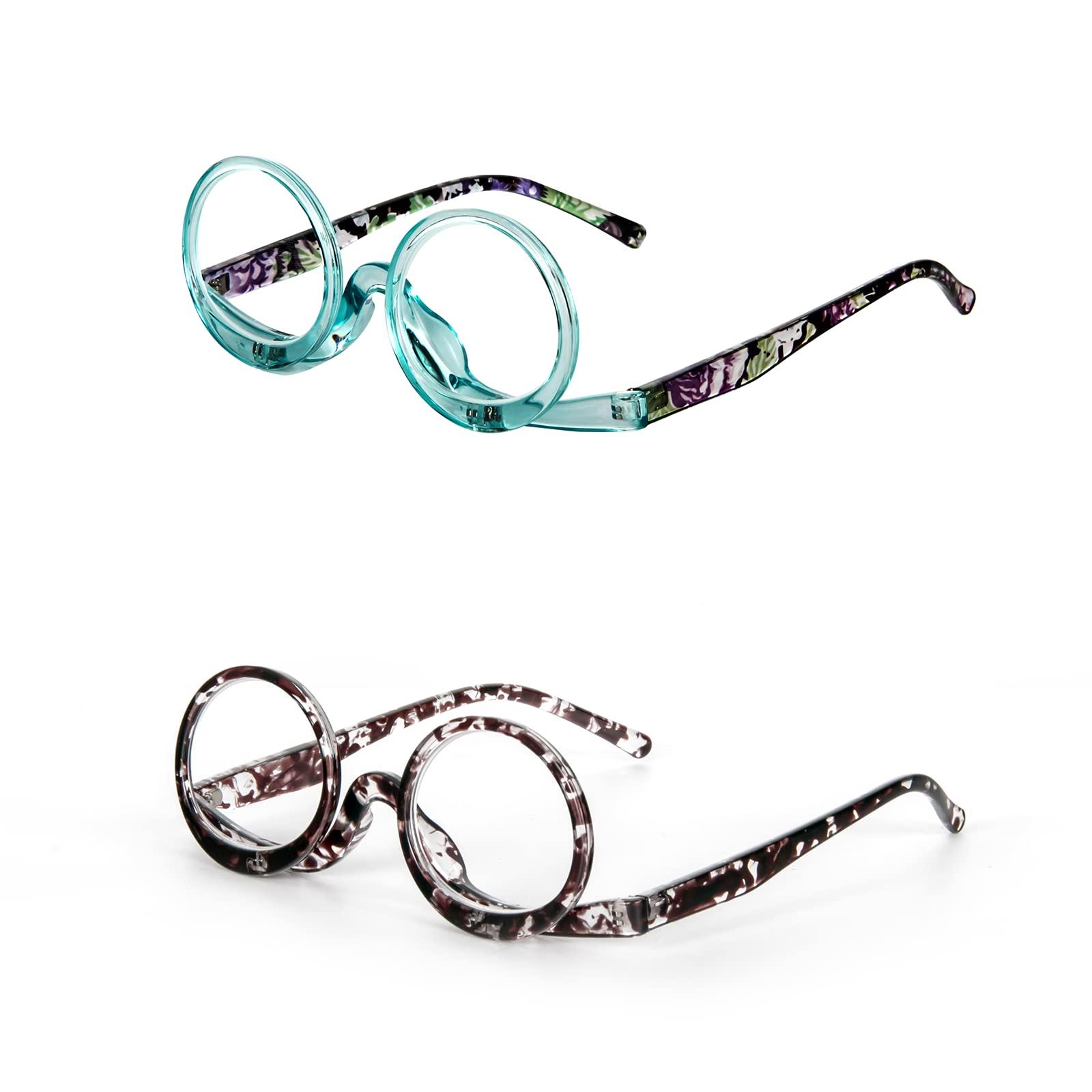 MMOWW MMOWW 2 Pairs Makeup Readers Flip-top Rotating Fashion Reading Glasses for Women Dual Lens Black+Blue,2.0
