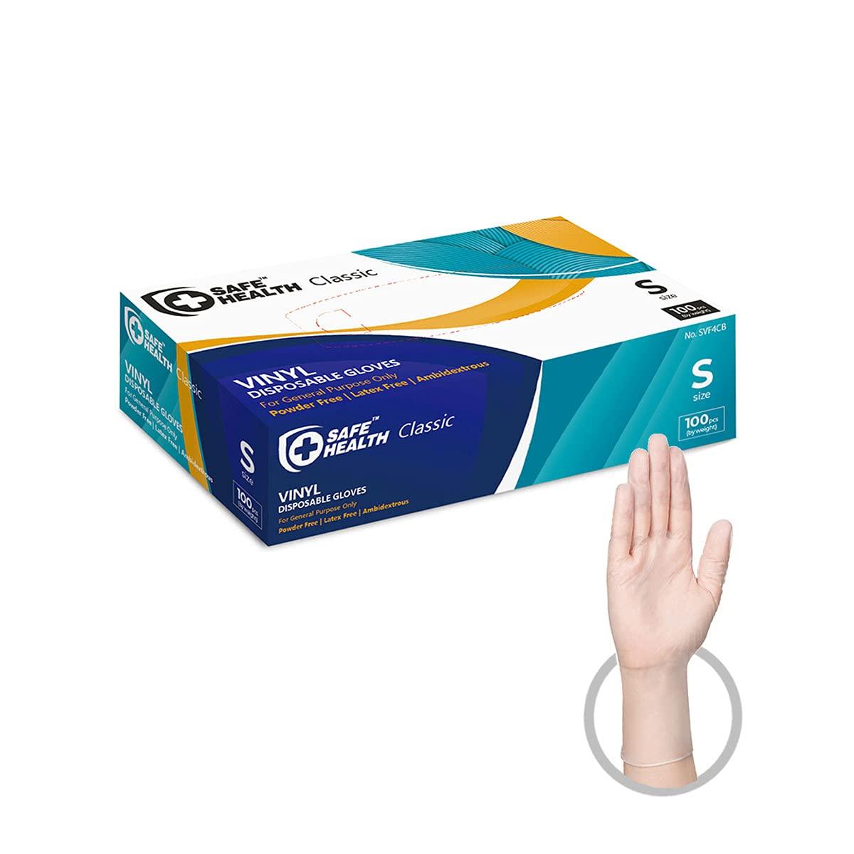 Safe Health Safe Health Vinyl Disposable Gloves, Food Safe, Latex Free, Powder Free, Clear, Box of 100, Small, 3 mil, Cleaning, Salon, Service, Office, Household, Daily