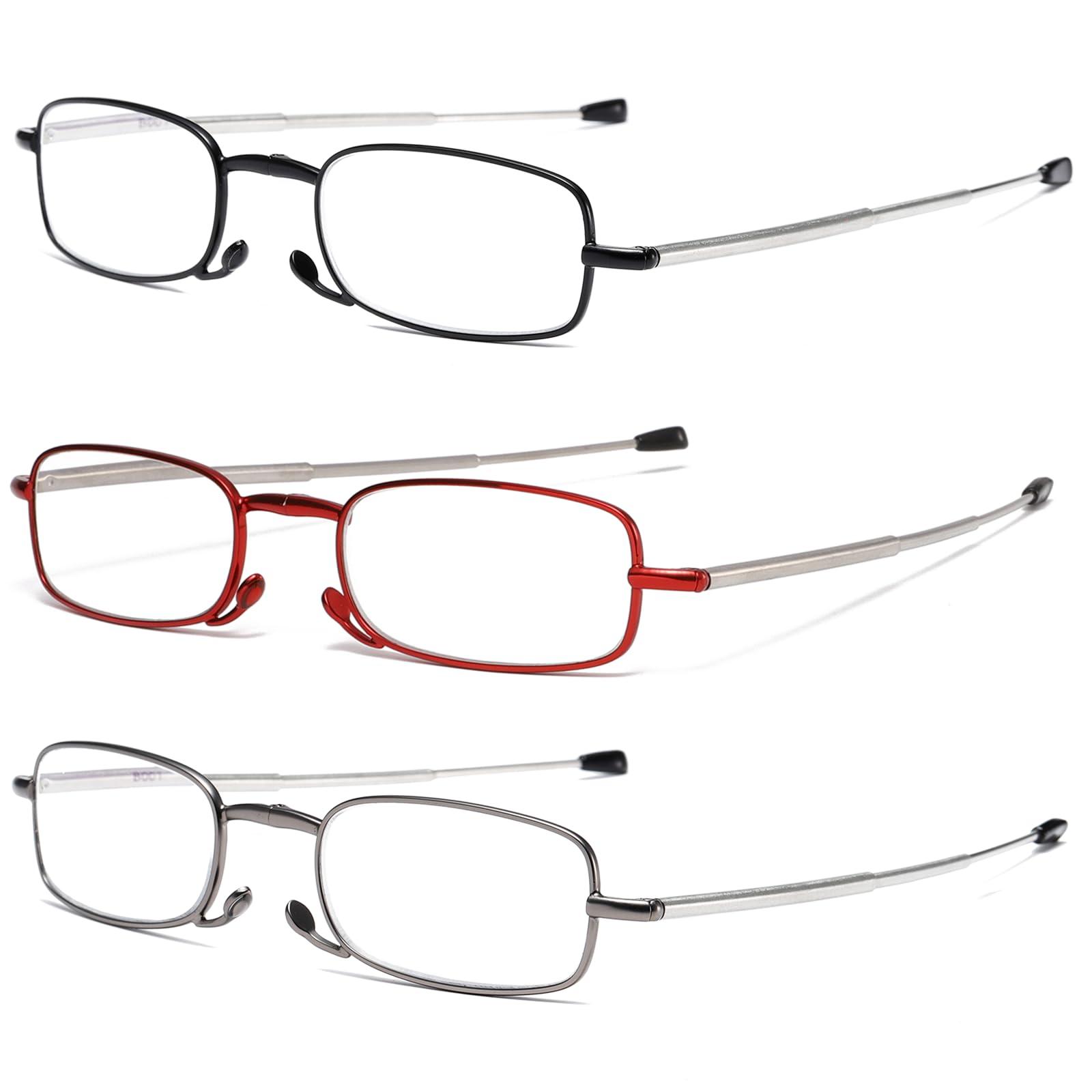 OWTXIS OWTXIS 3 Pack Folding Reading Glasses for Men Women, Keychain Compact Readers Blue Light Portable Pocket Eyeglasses (Black, Gunmetal, Red, 2.75)