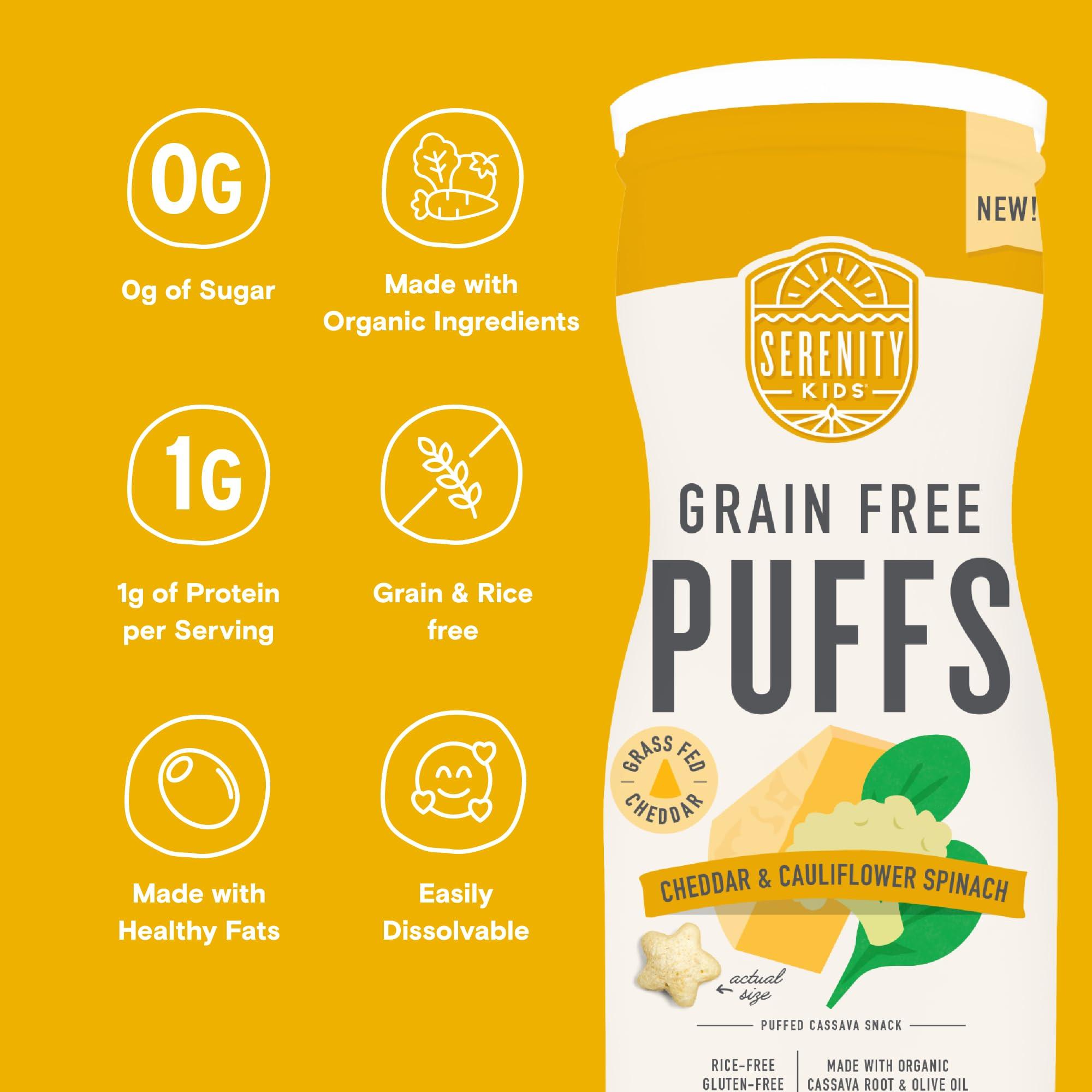Serenity Kids Serenity Kids 6+ Month Grain-Free Toddler & Baby Puffs - No Sugar, Gluten & Rice - BPA & Allergen-Free - With Organic Cassava, Veggies & Herbs, White Cheddar & Cauliflower - 6 Count