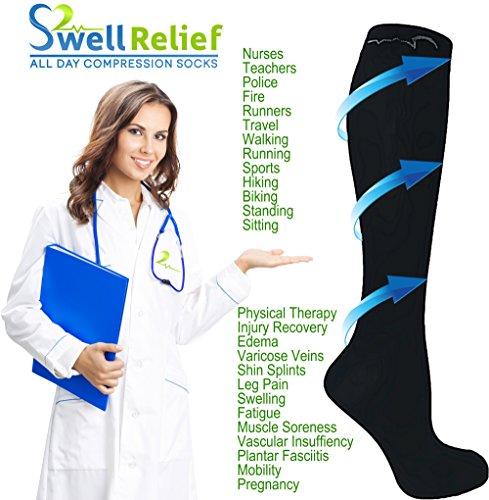 Swell Relief 7 Pair Ladies Compression Socks, assorted Colors Moderate/Medium Compression 15-20 mmHg. Nurses, Running, Travel & Flight, Surgery, Recovery, Pregnancy, Knee-High Socks. (White, Small/Medium)