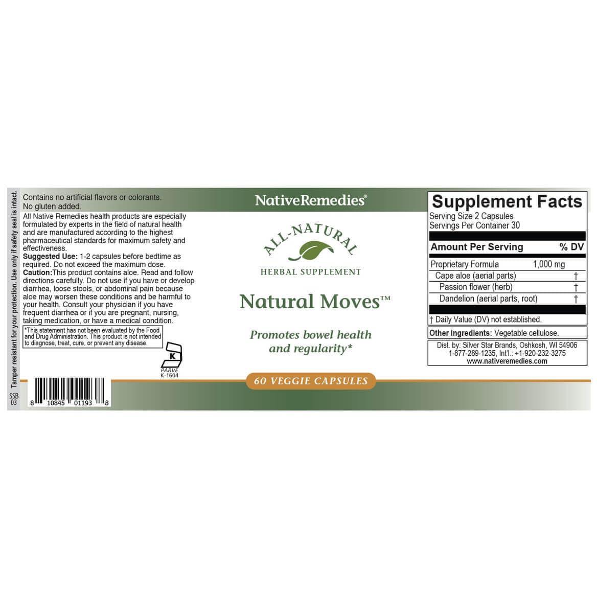 Native Remedies Native Remedies Natural Moves - All Natural Herbal Supplement Promotes Bowel Health and Regularity as Related to Constipation - 60 Veggie Caps