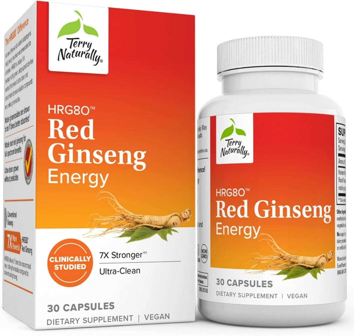 Terry Naturally Terry Naturally HRG80 Red Ginseng Energy - 30 Capsules - Red Ginseng Root Powder, Panax Ginseng, HRG80 - Non-GMO, Vegan, Gluten Free 30 Servings
