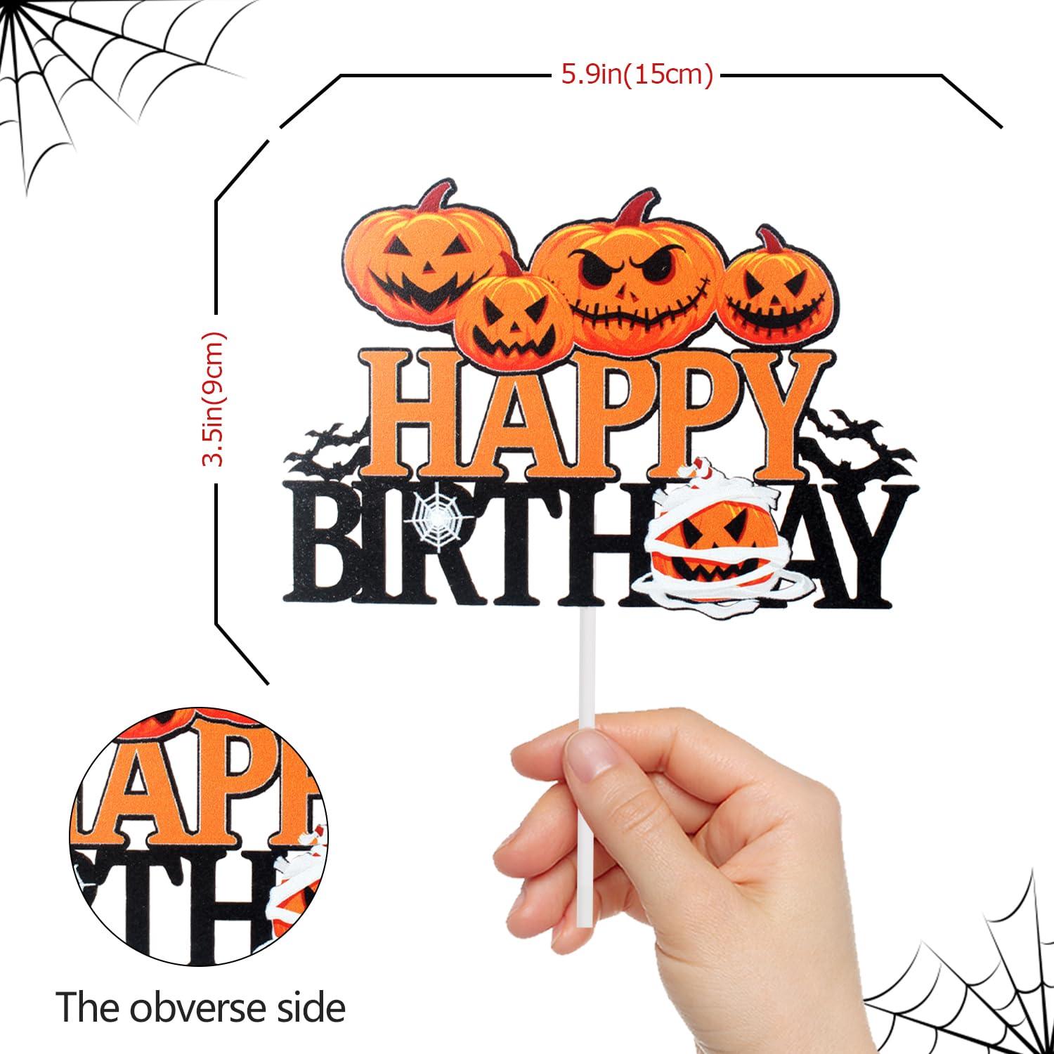 LHCING Halloween Happy Birthday Cake Topper - Halloween Birthday Pumpkins Black Glitter Cake Topper - Halloween Kids Birthday Party Friday The 13th Party Cake Derocation