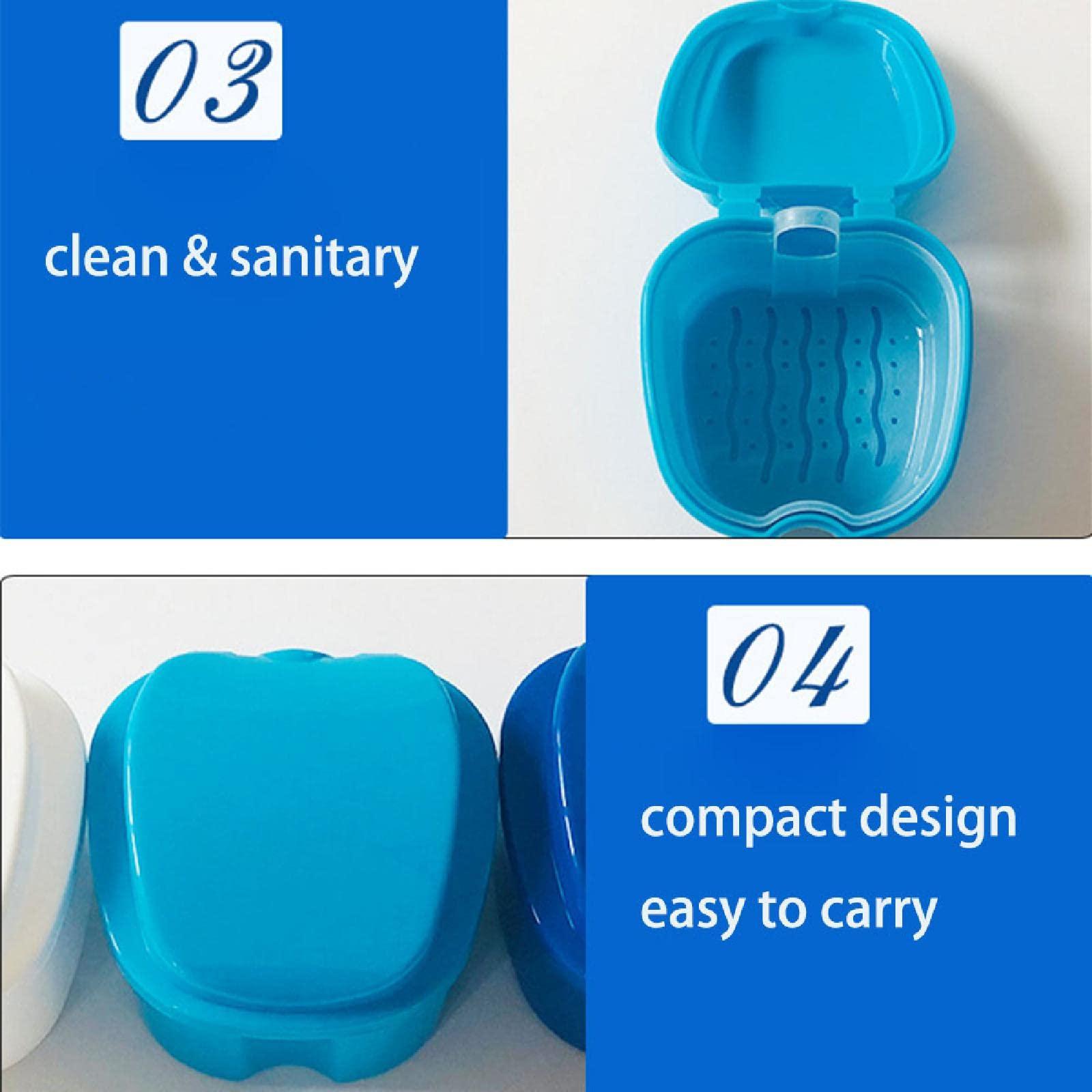 SEIWEI Denture Bath Case Cup Box Holder Storage Container with Strainer Basket for Retainer False Teeth Travel Cleaning (Light Blue)