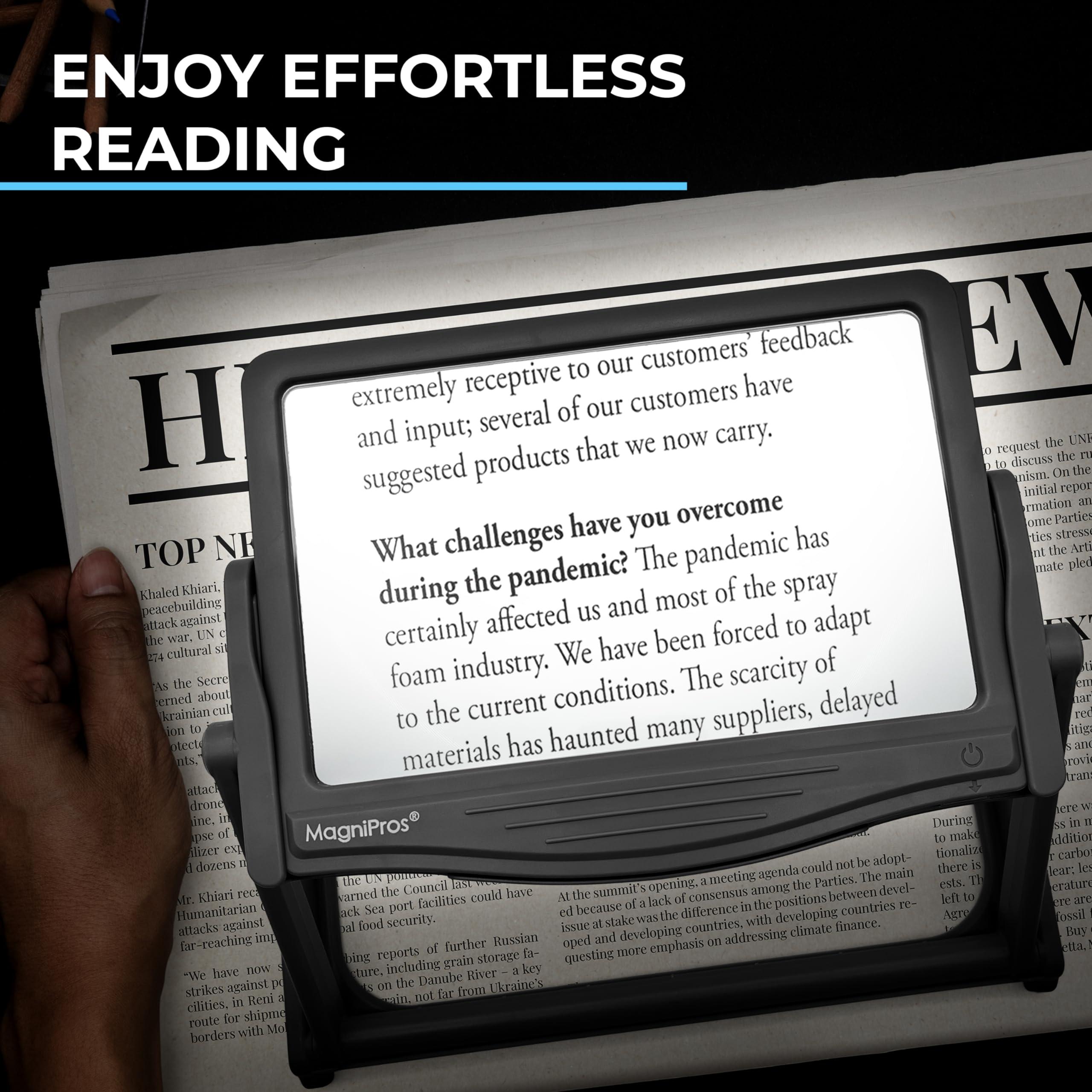 MagniPros MAGNIPROS Patented 5X Large LED Page Magnifier with Detachable Hands-Free Stand, 3 Color Light Modes, Anti-Glare Lens for Eye Strain Relief Perfect for Reading, Crafting, Low Vision & Seniors