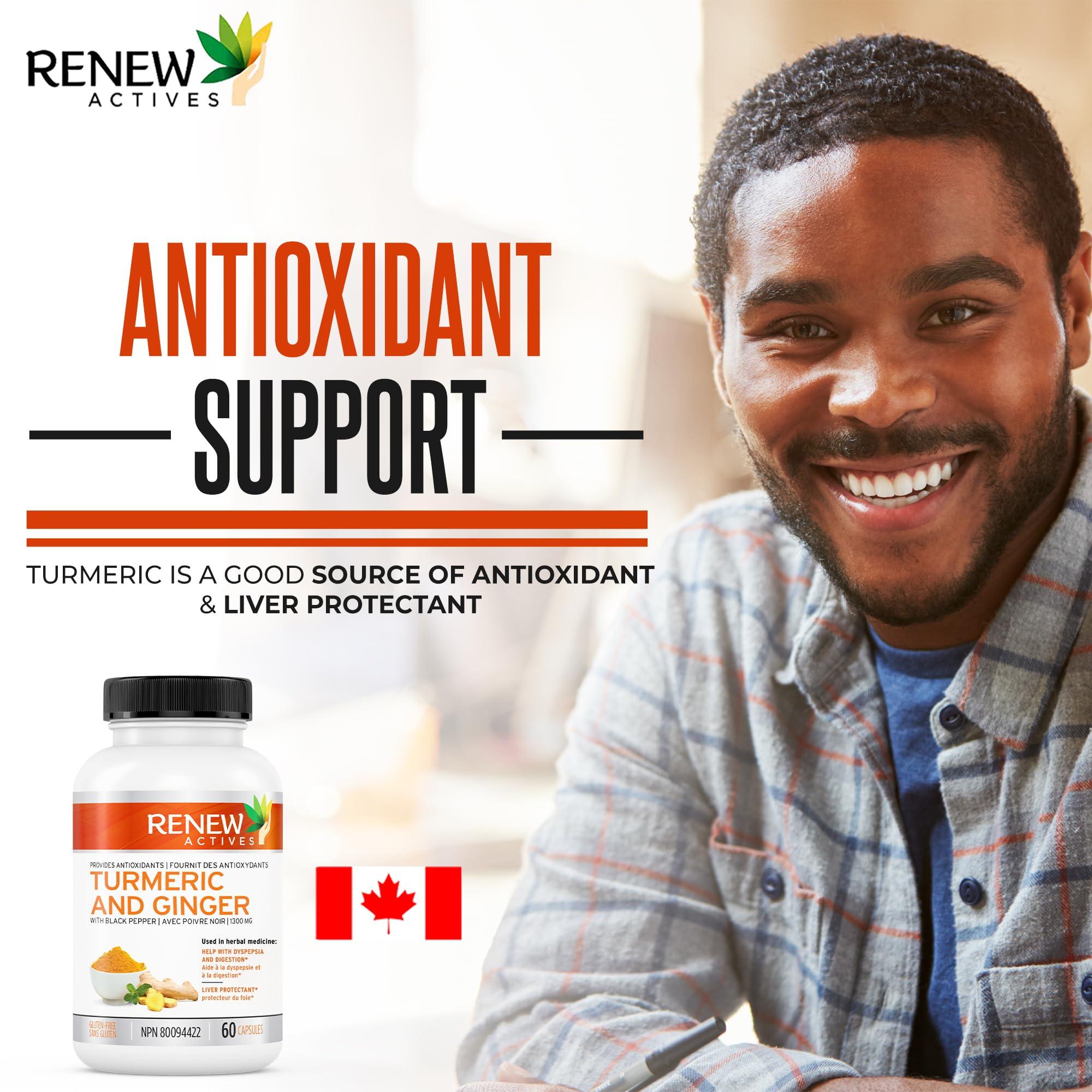 Renew Actives Renew Actives Ginger Turmeric Curcumin Capsules - Potent Antioxidant with Bioperine & Black Pepper Blend for Digestive & Liver Health - Easy-to-Swallow Capsules - 60 Vegan Capsules