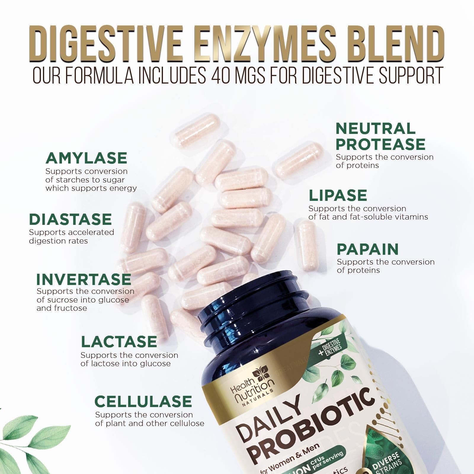 Health Nutrition Naturals Daily Probiotic and Acidophilus Prebiotics Supplement 60 Billion CFU Capsule for Women & Men - 10 Strains Plus Digestive Enzymes - for Bloating Gas & Gut & Immune Health Support - 120 Capsules