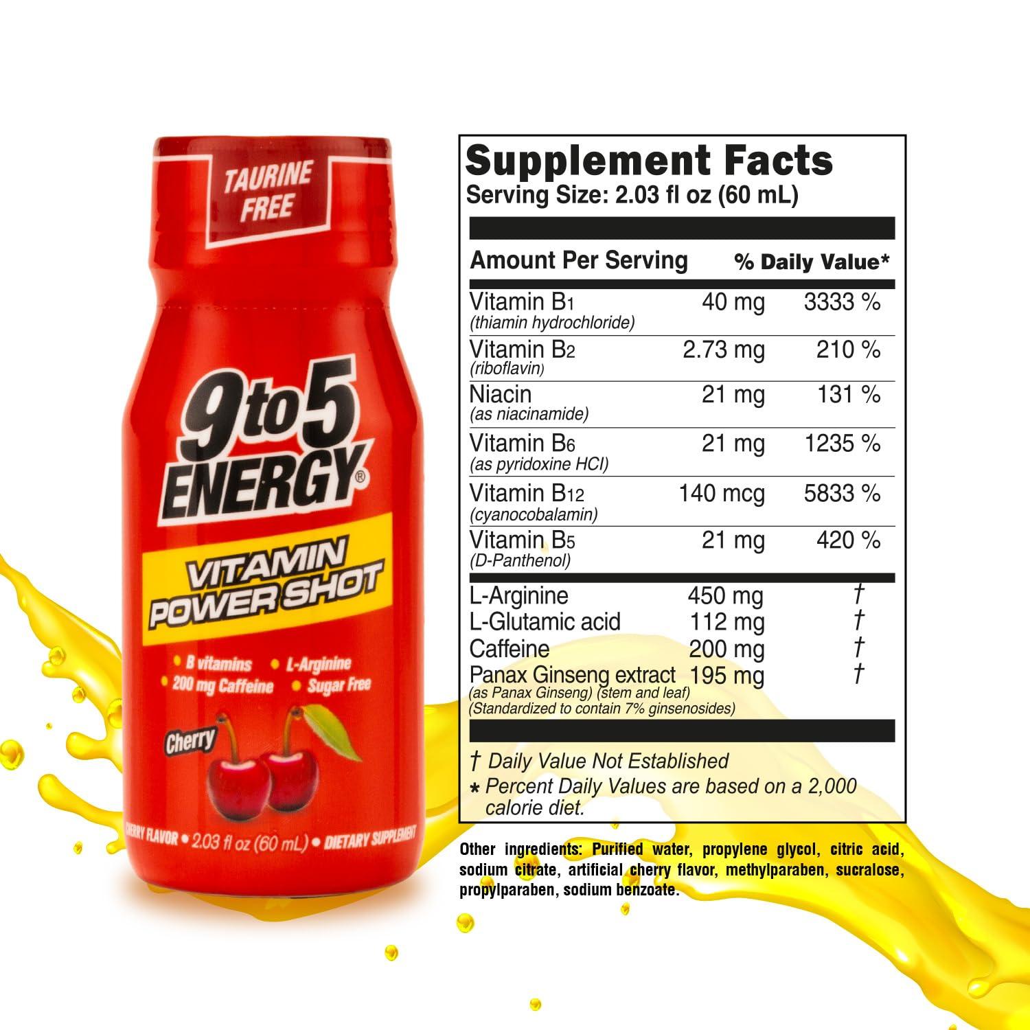 9TO5 ENERGY 9TO5 ENERGY Vitamin Power Shot - Cherry Flavor, Taurine-Free, Sugar-Free, 12 Pack (2.03 fl oz Each) - Boost Energy, Focus, and Vitality with B Vitamins and L-Arginine