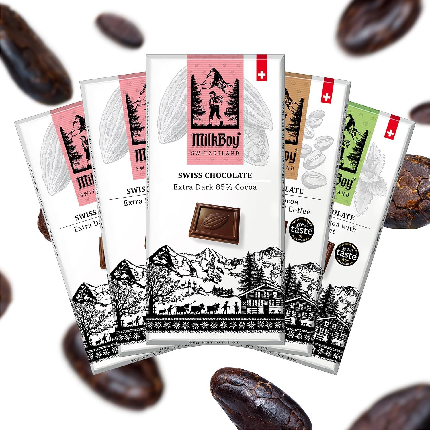 Milkboy Swiss Chocolates Milkboy Swiss 85% Dark Chocolates Variety Pack - Chocolate Bars - Crafted in Switzerland - All Natural, Sustainably Farmed Cocoa - Gluten & GMO Free, Vegan - 3 oz (Pack of 5)