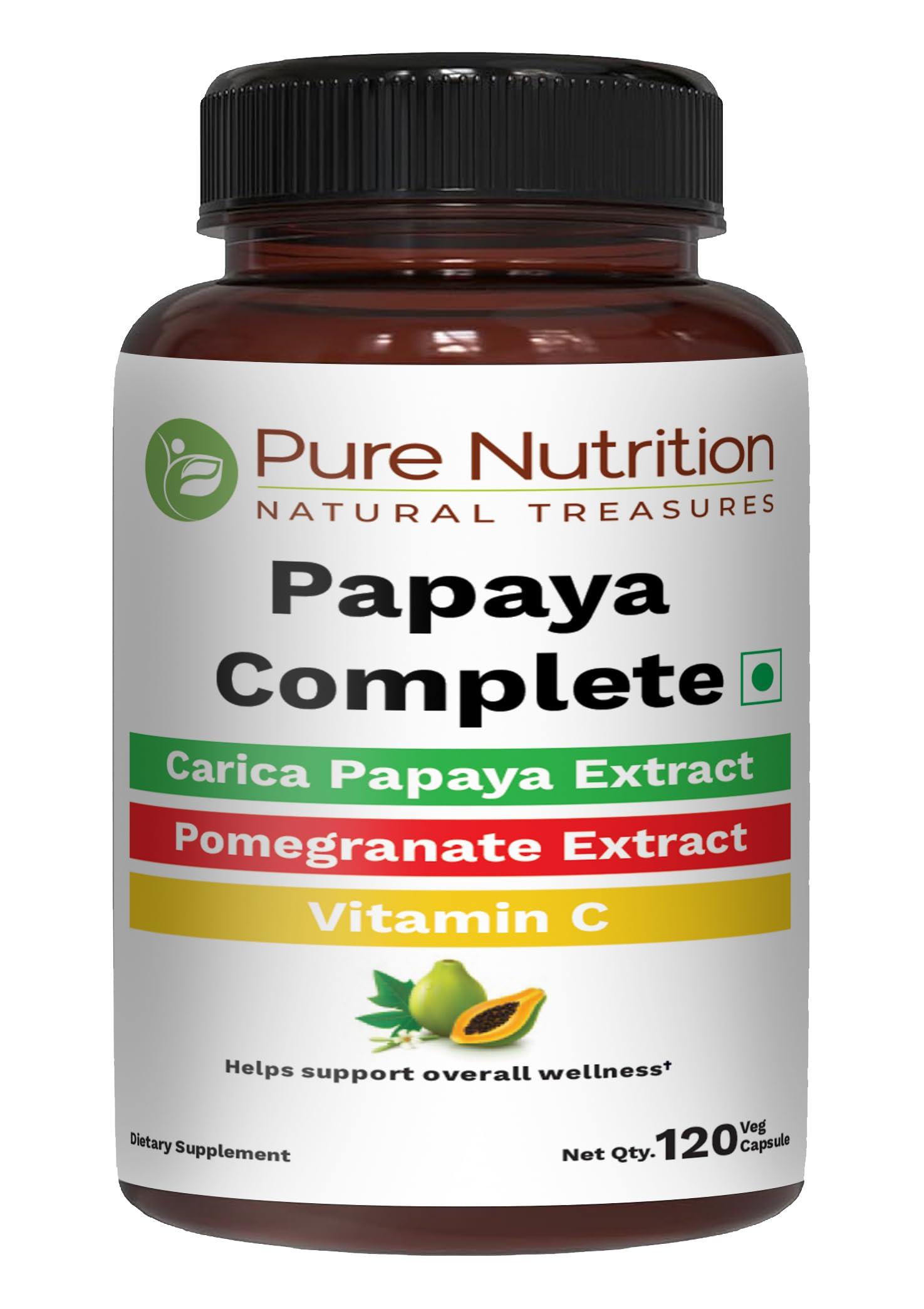 PURE NUTRITION NATURAL TREASURES PURE NUTRITION NATURAL TREASURES Papaya Complete - 120 Veg Capsules. (Supports Platelet Immunity & Digestion) Each Capsule Contains 500mg Carica Papaya Fruit and Leaf Extract | 120 Days Supply