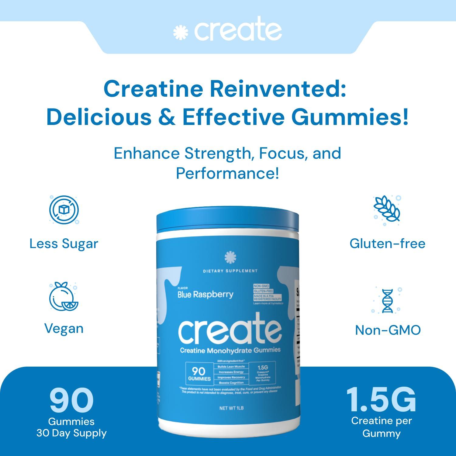 Create Create Creatine Monohydrate Gummies for Men & Women, Boost Focus, Strength, and Endurance, Anti-Melting Formula, Vegan, Gluten-Free, Non-GMO, 1.5g of Creatine per Gummy (Blue Raspberry, 90ct)