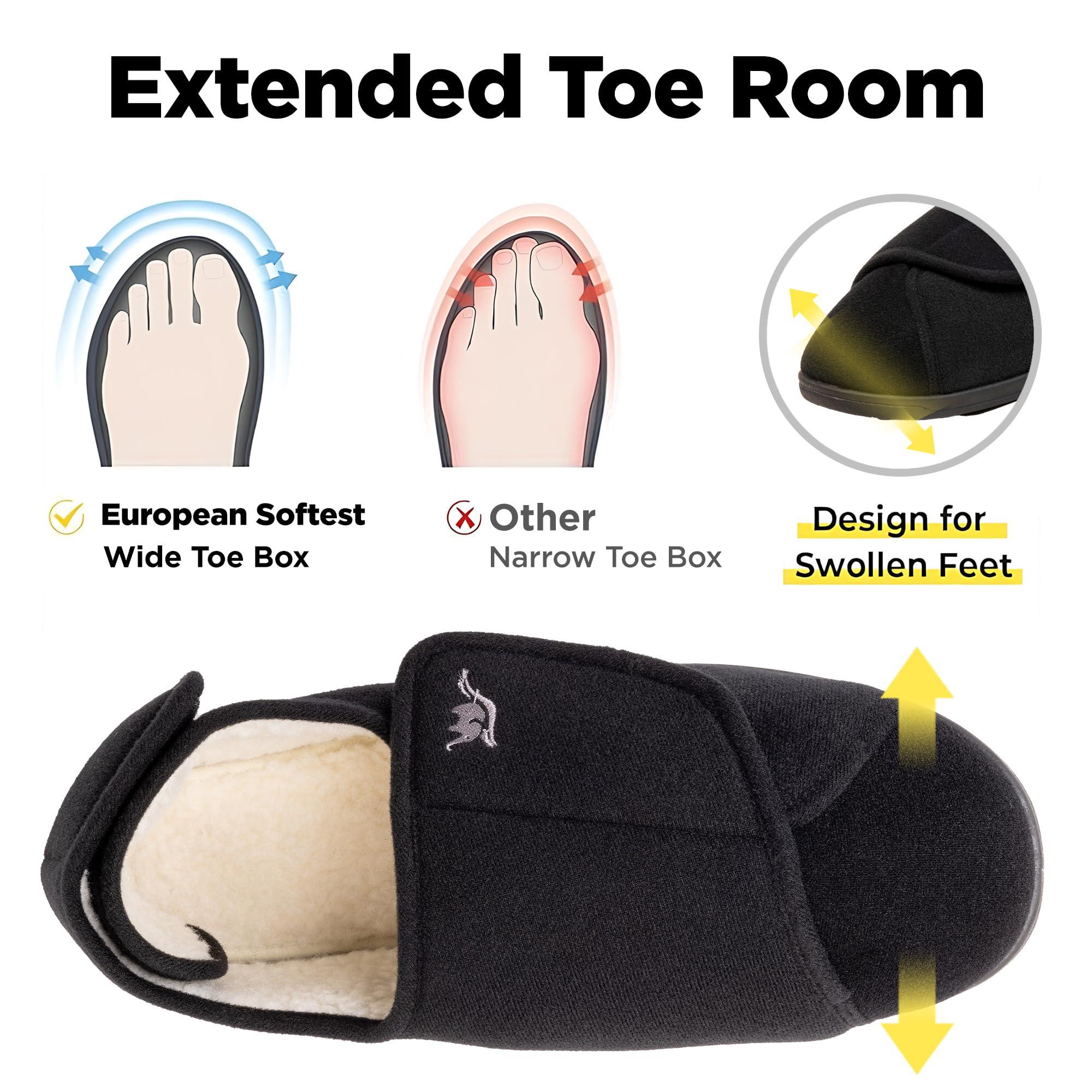 EUROPEAN SOFTEST Womens Memory Foam Diabetic Slippers, Extra Wide Adjustable House Shoes, Plush Fleece for Arthritis, Edema, Swollen Feet, Anti-Slip Rubber Soles, Machine Washable, Indoor Outdoor Use (9, Black/White)