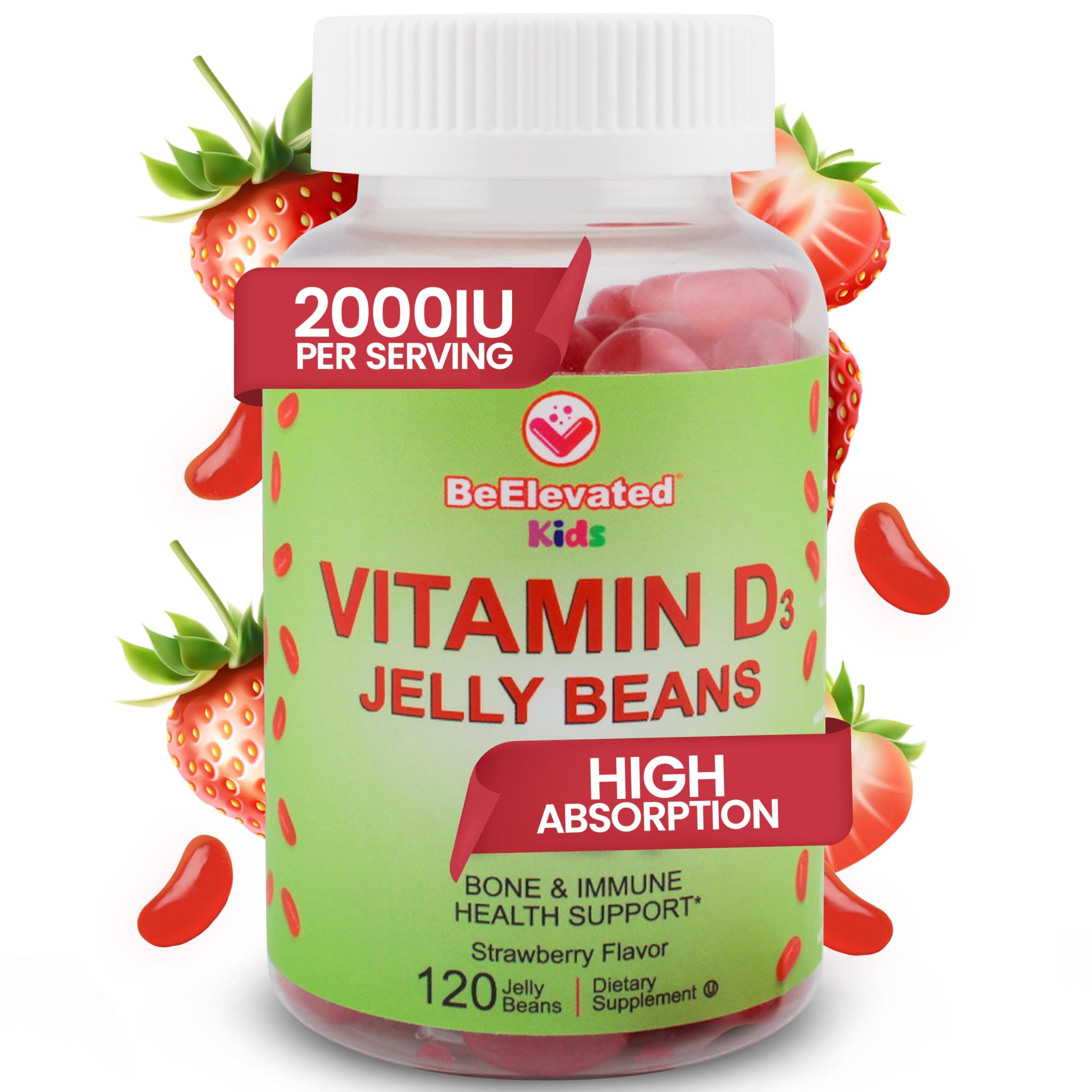 BeElevated BeElevated Vitamin D3 Jelly Beans - Chewable Vitamins Gummies for Kids Immune Support - Multivitamin Supplements for Bone & Joint Support - 2,000 IU Vegetarian Gummy - 120 Strawberry Flavor Beans