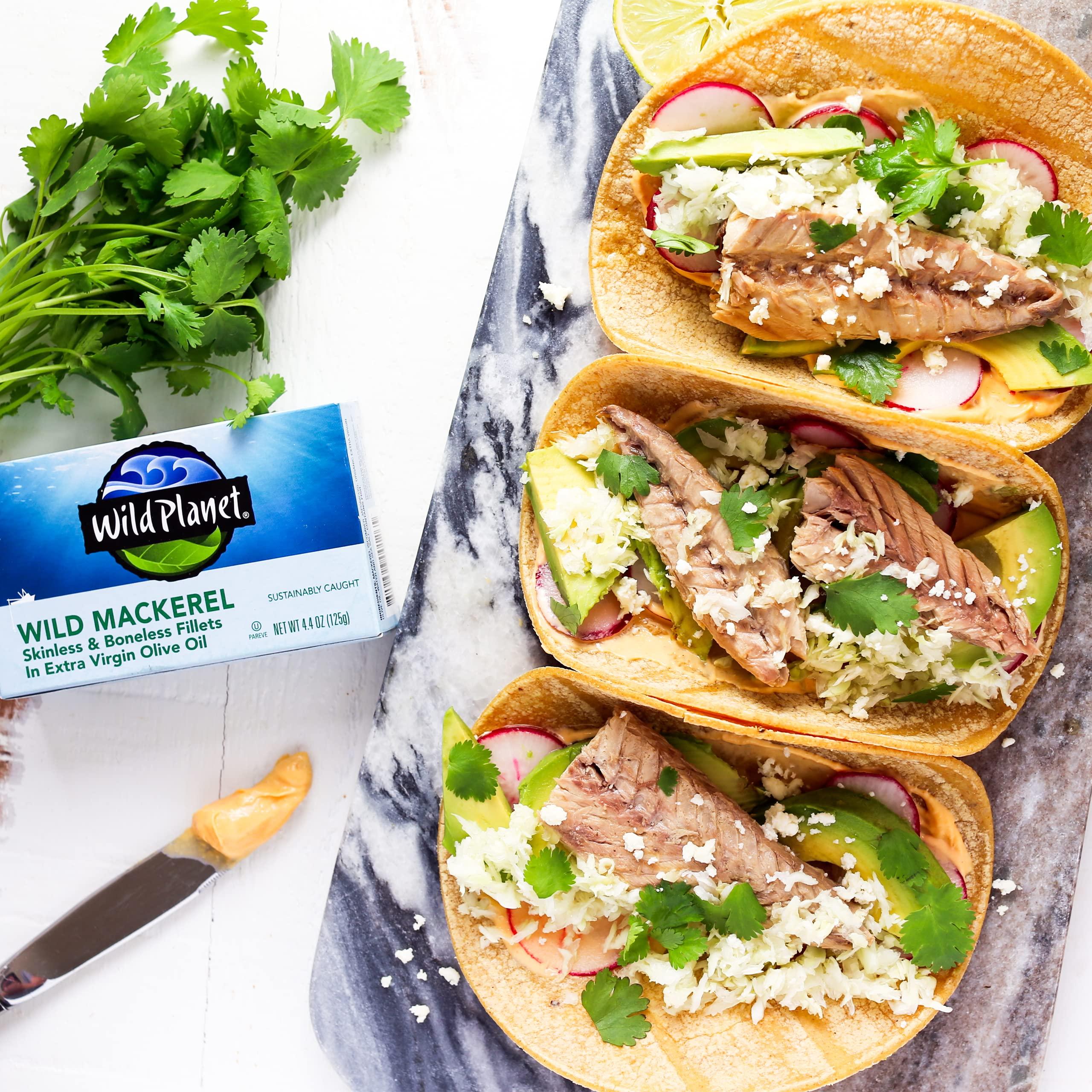 Wild Planet Wild Planet Skinless Boneless Mackerel Fillets in Organic Extra Virgin Olive Oil, Tinned Fish, Sustainably Caught, Non-GMO, Kosher, Gluten Free, Keto and Paleo, 4.4 Ounce Single Unit