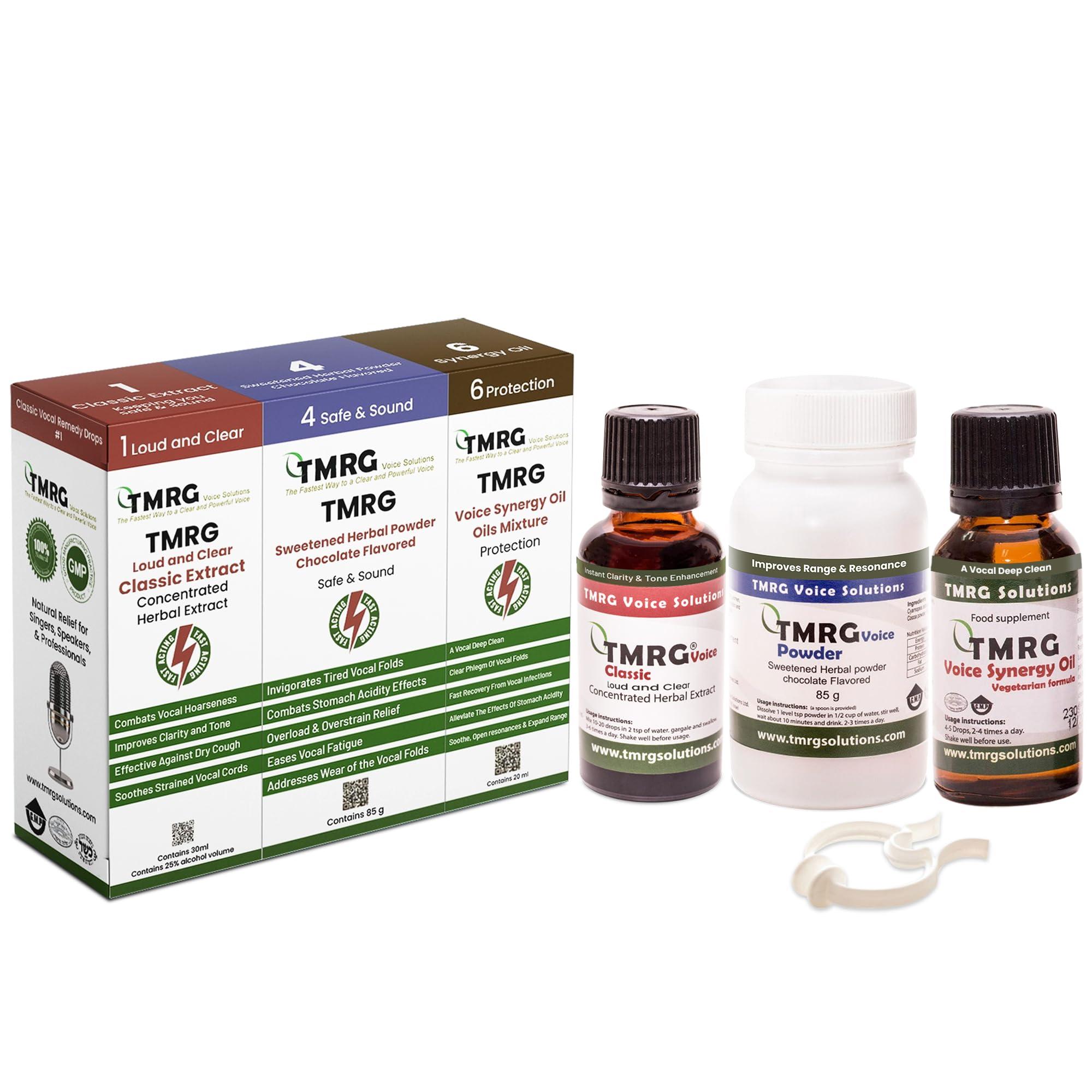 TMRG TMRG Powerful Vocal Recovery Kit - Large: Professional Herbal Remedy Featuring 30ml Voice Drops, 85g Voice Powder, 20ml Synergy Oil, and a ClipUltimate Care for Vocal Strength and Recovery.