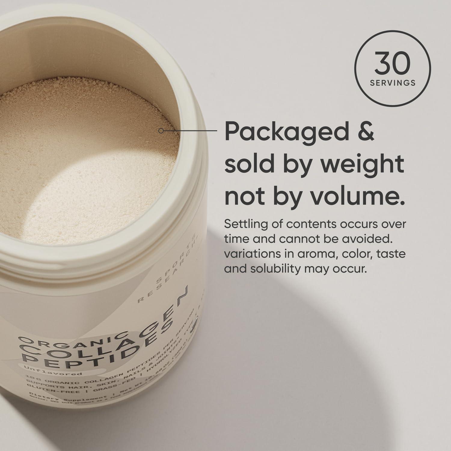 Sports Research Sports Research Organic Collagen Peptides - Hydrolyzed Type I & III Collagen Protein Powder Sustainably Sourced from Grass-Fed Bovine - Unflavored, Organic Certified & Gluten Free - 30 Servings