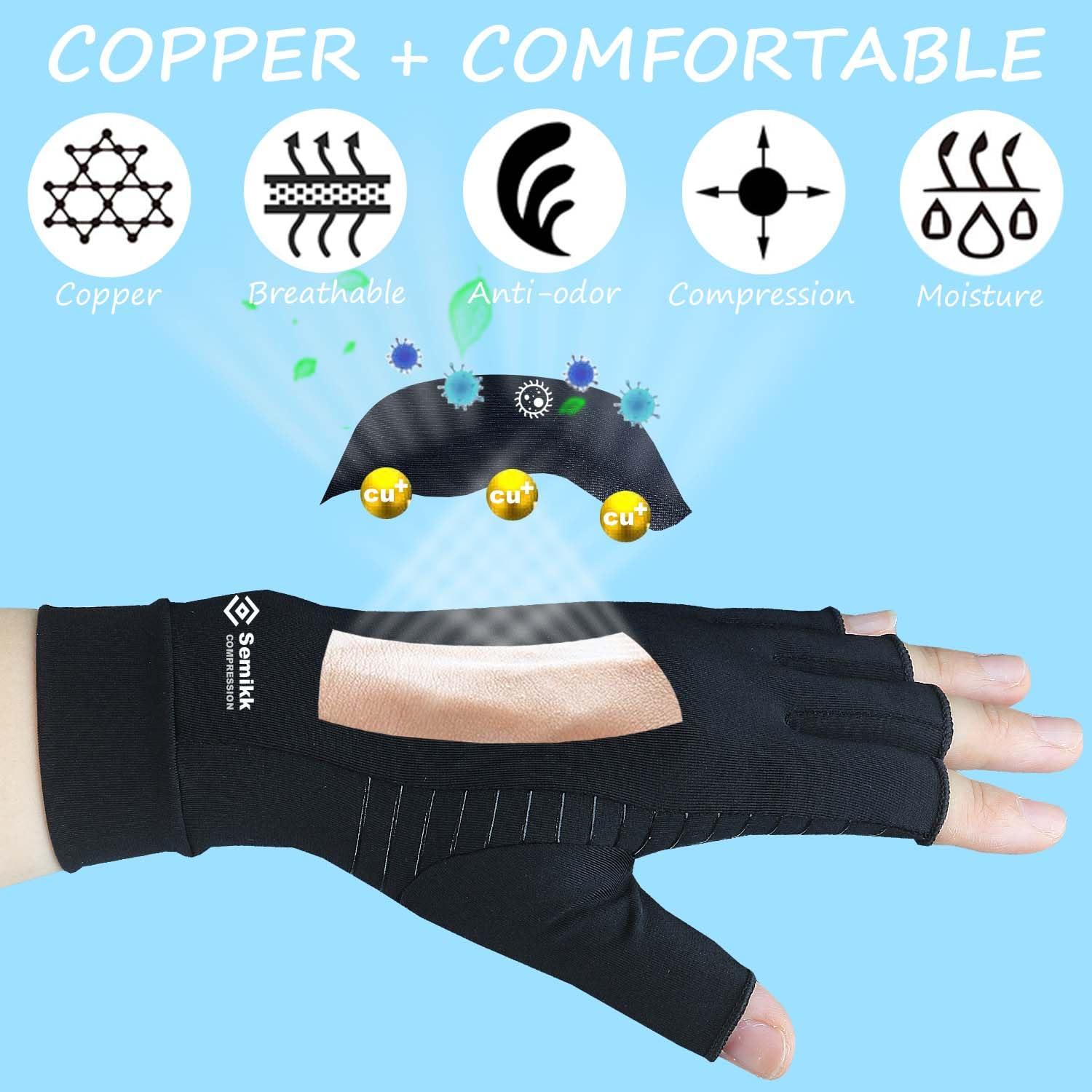 Semikk 2 Pairs Compression Gloves for Women and Men – Copper Arthritis Gloves for Rheumatoid Arthritis Osteoarthritis Carpal Tunnel – Hand Pain Relief and Support – Open Finger (Black, X-Large (2 Pair))
