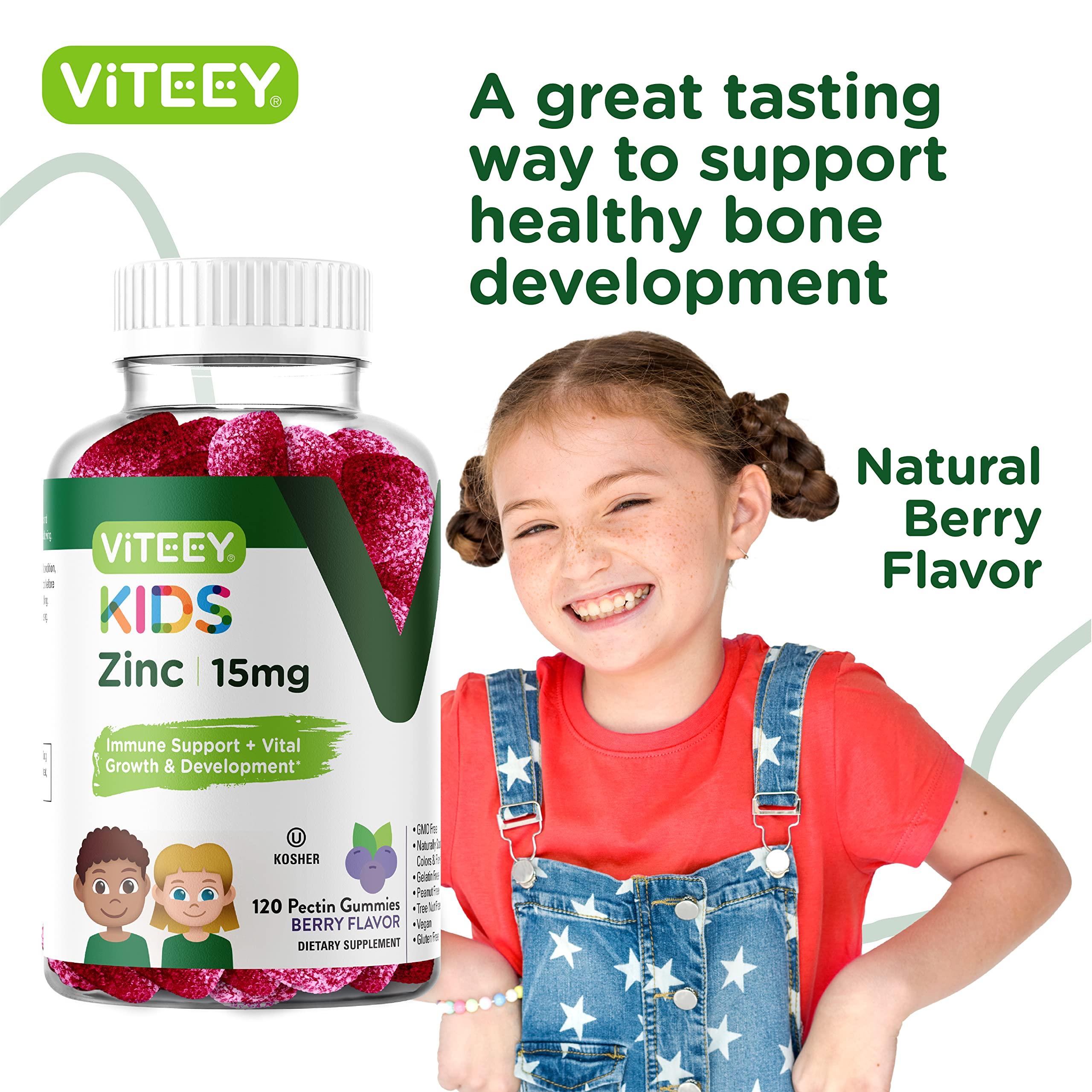 Viteey Zinc for Kids Gummies 15mg - Immune Support for Kids & Teens - Powerful Natural Antioxidant, Kids Zinc Vitamin Supplement - Vegan, Gelatin Free, Gluten Free - Tasty Chewable Berry Flavor Gummy