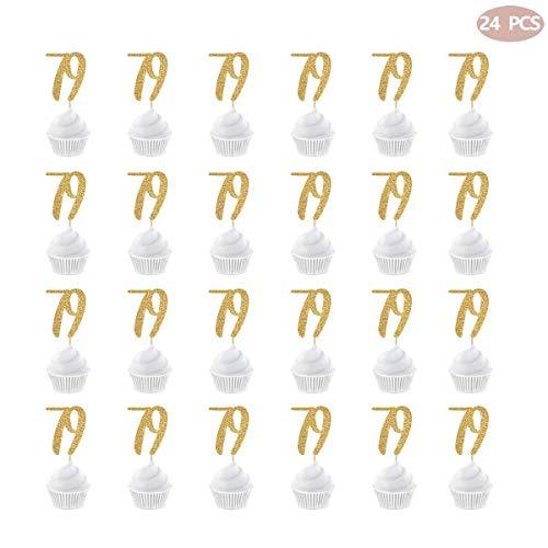 MAGJUCHE Gold Happy 79th Birthday Cupcake Topper, 24-Pack Number 79 Glitter Birthday Party Cupcake Toppers, Decorations