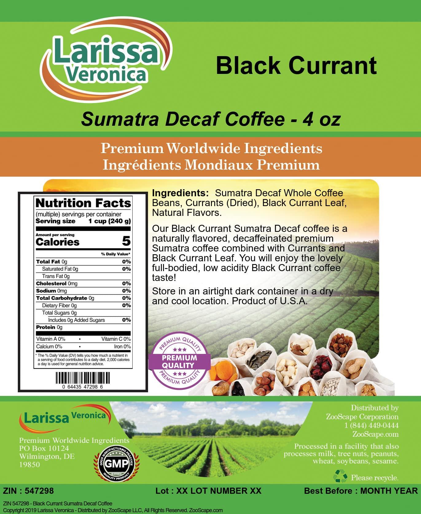 Larissa Veronica Black Currant Sumatra Decaf Coffee (Gourmet, Naturally Flavored, Whole Coffee Beans) (4 oz, ZIN: 547298)
