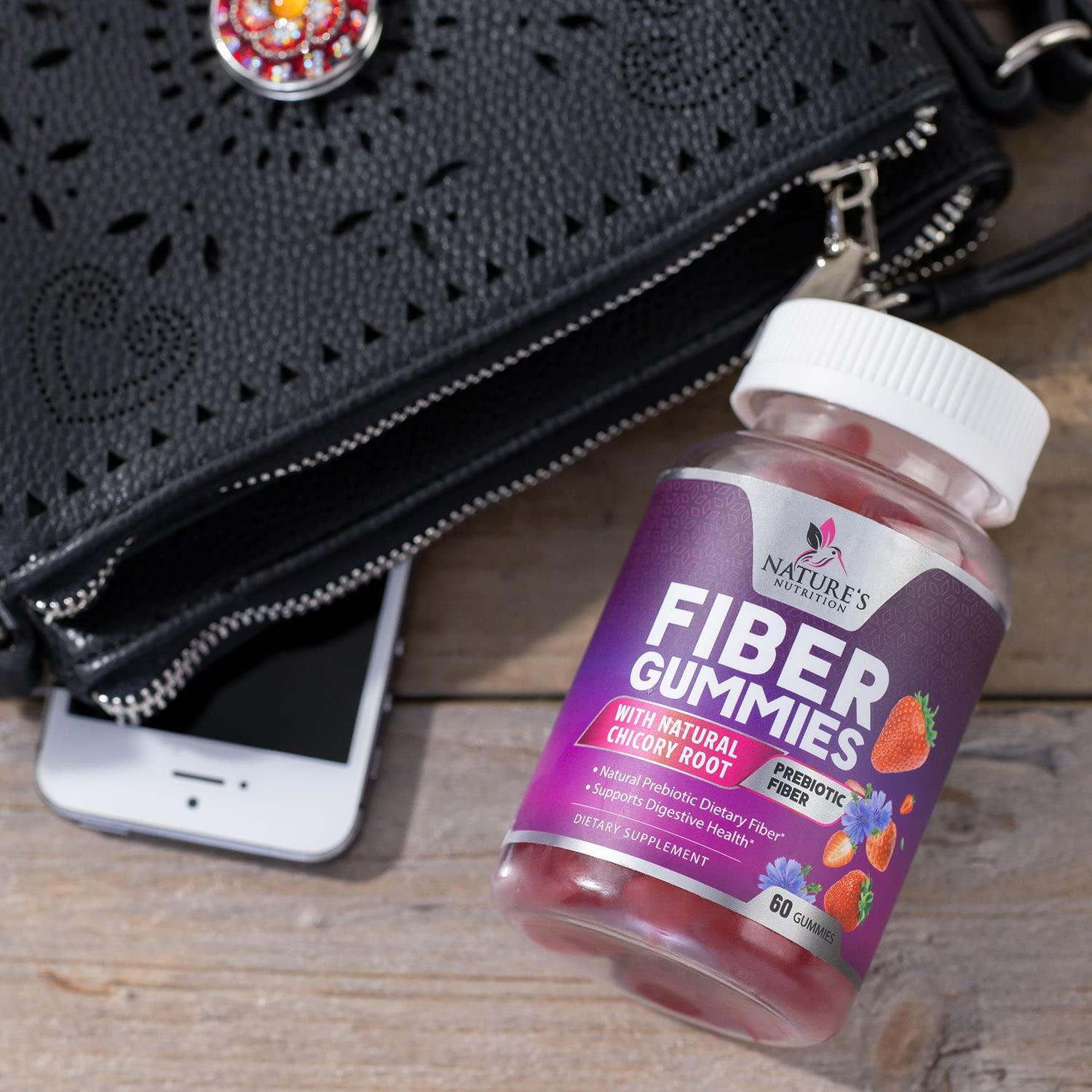 Nature\'s Nutrition Fiber Supplement Gummies for Digestive Health & Regularity Support, Fiber 4g Gummy for Adults, Daily Prebiotic Supplements, Natural Prebiotic Fiber Gummy, Plant Based, Strawberry Flavored - 60 Gummies