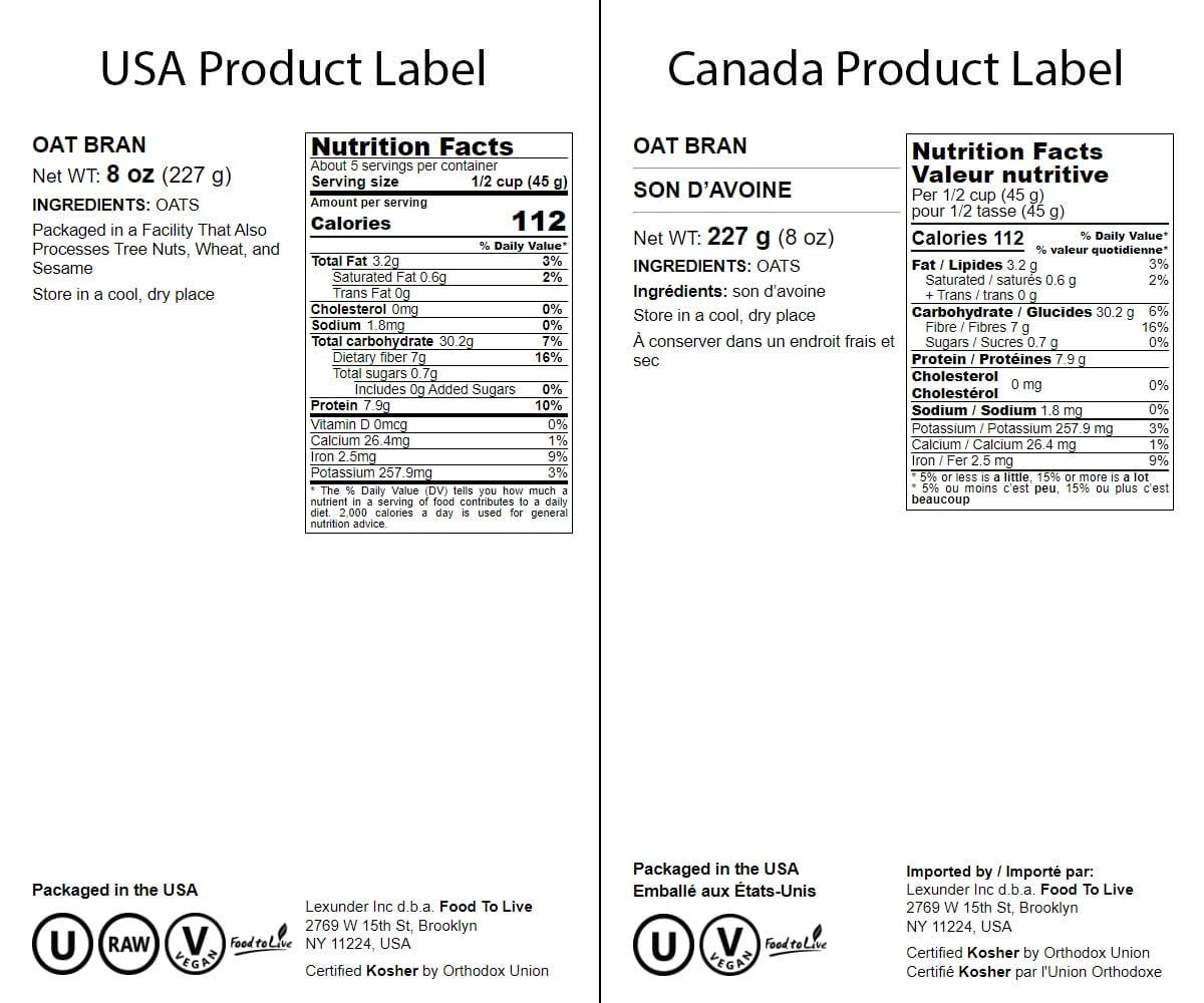 Food to Live Food to Live Oat Bran, 8 Ounces A Nutritional Powerhouse High Fiber Hot Cereal, Milled from High Protein Oats. Raw, Unprocessed, Vegan, Kosher, Bulk. Good for Dukan Diet