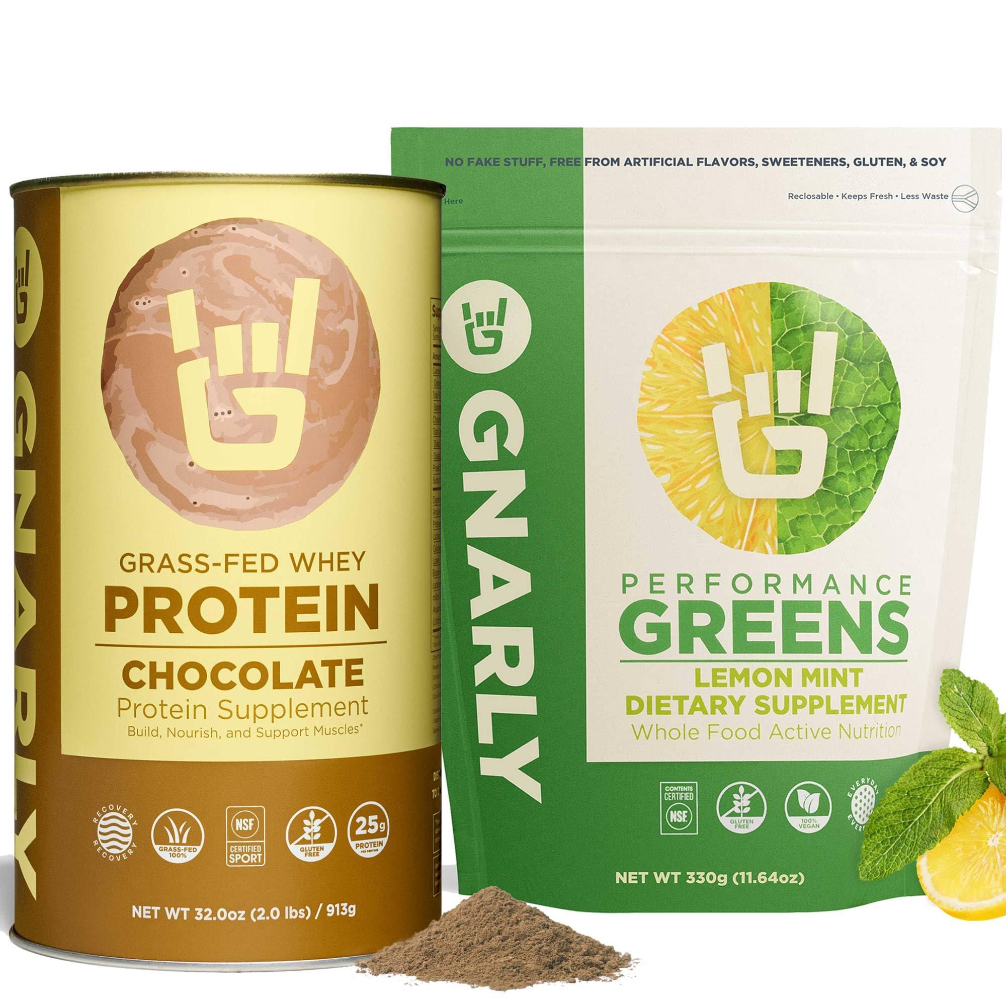 Gnarly Nutrition Gnarly Nutrition Performance Greens Lemon Mint (11.64 oz) and Gnarly Whey Grass-Fed Protein Supplement, Chocolate (32.0oz)