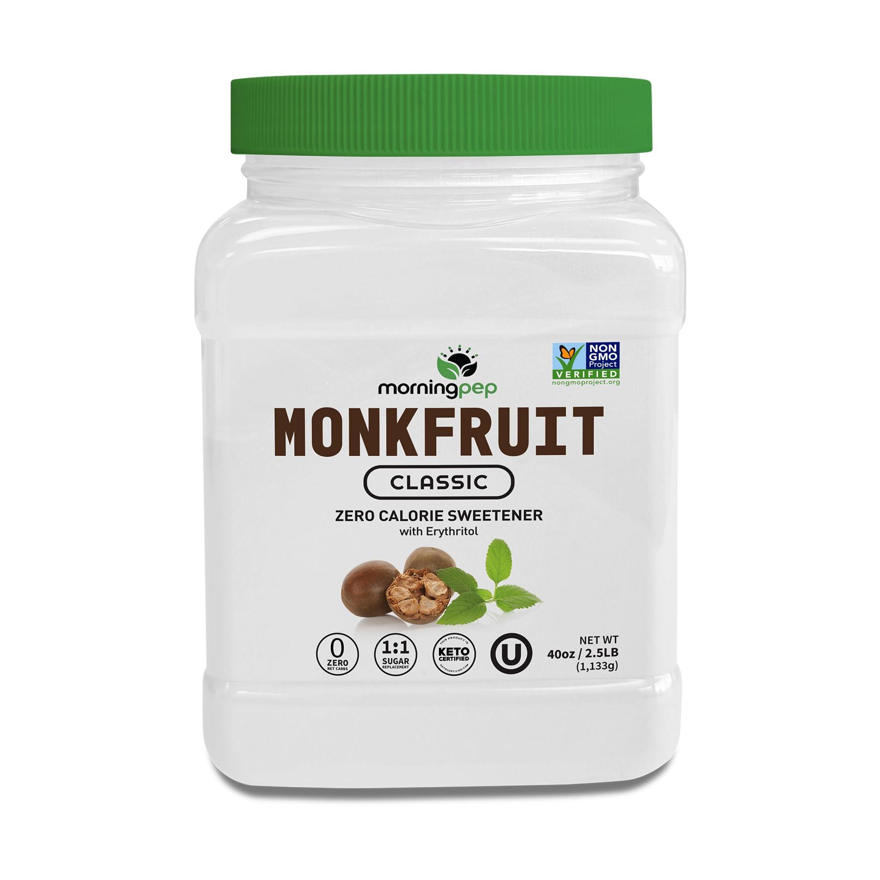 Morning Pep Morning Pep Monk Fruit Sweetener, Classic | White Sugar Substitute, Keto Diet Friendly, 1:1 Sugar Replacement, For Baking, Coffee, Tea, Zero Calorie Non Gmo Project Verified, OU Kosher, White - 2.5 lb